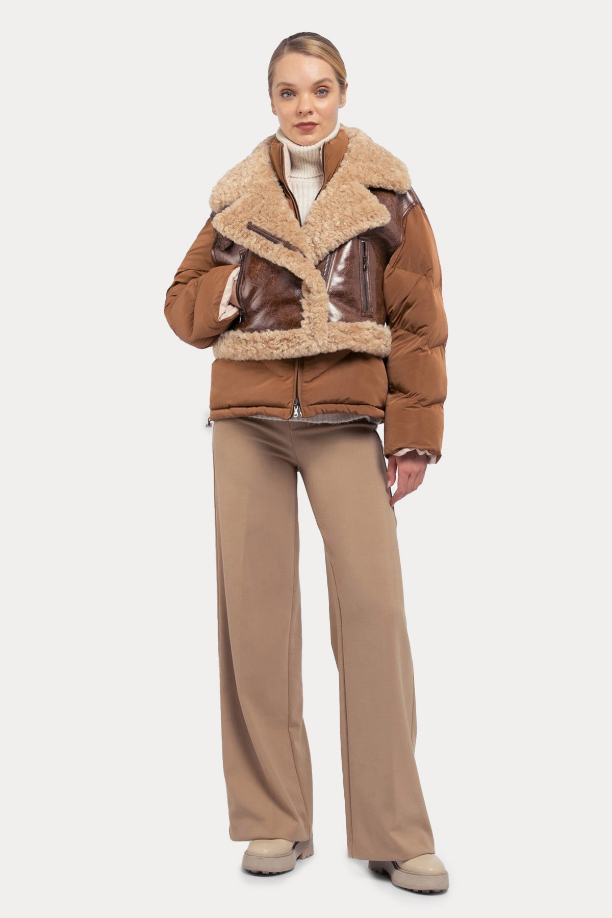 Urbancode Çift Taraflı Eko Kürklü Deri Detaylı Puffer Mont-Libas Trendy Fashion Store