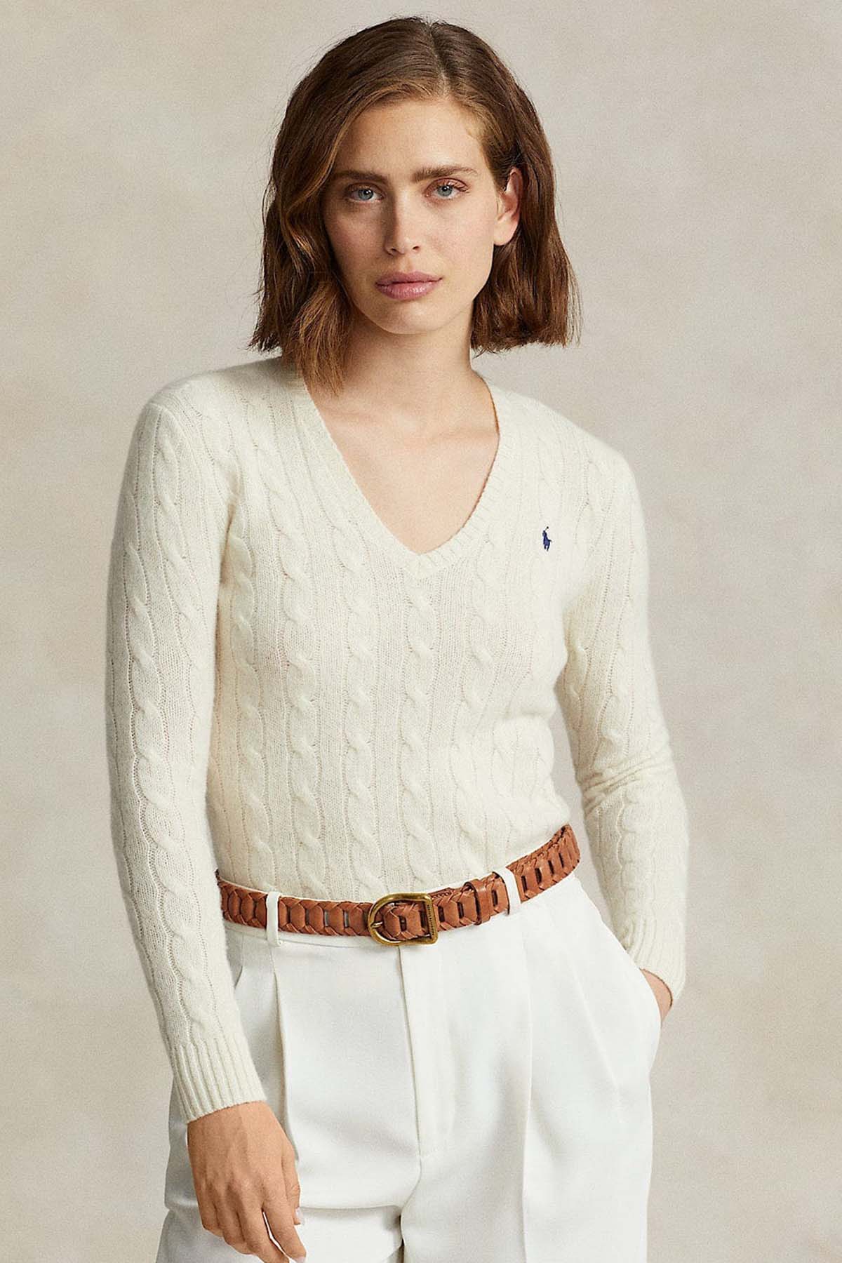 Polo Ralph Lauren Kaşmirli Slim Fit V Yaka Saç Örgü Yün Triko-Libas Trendy Fashion Store