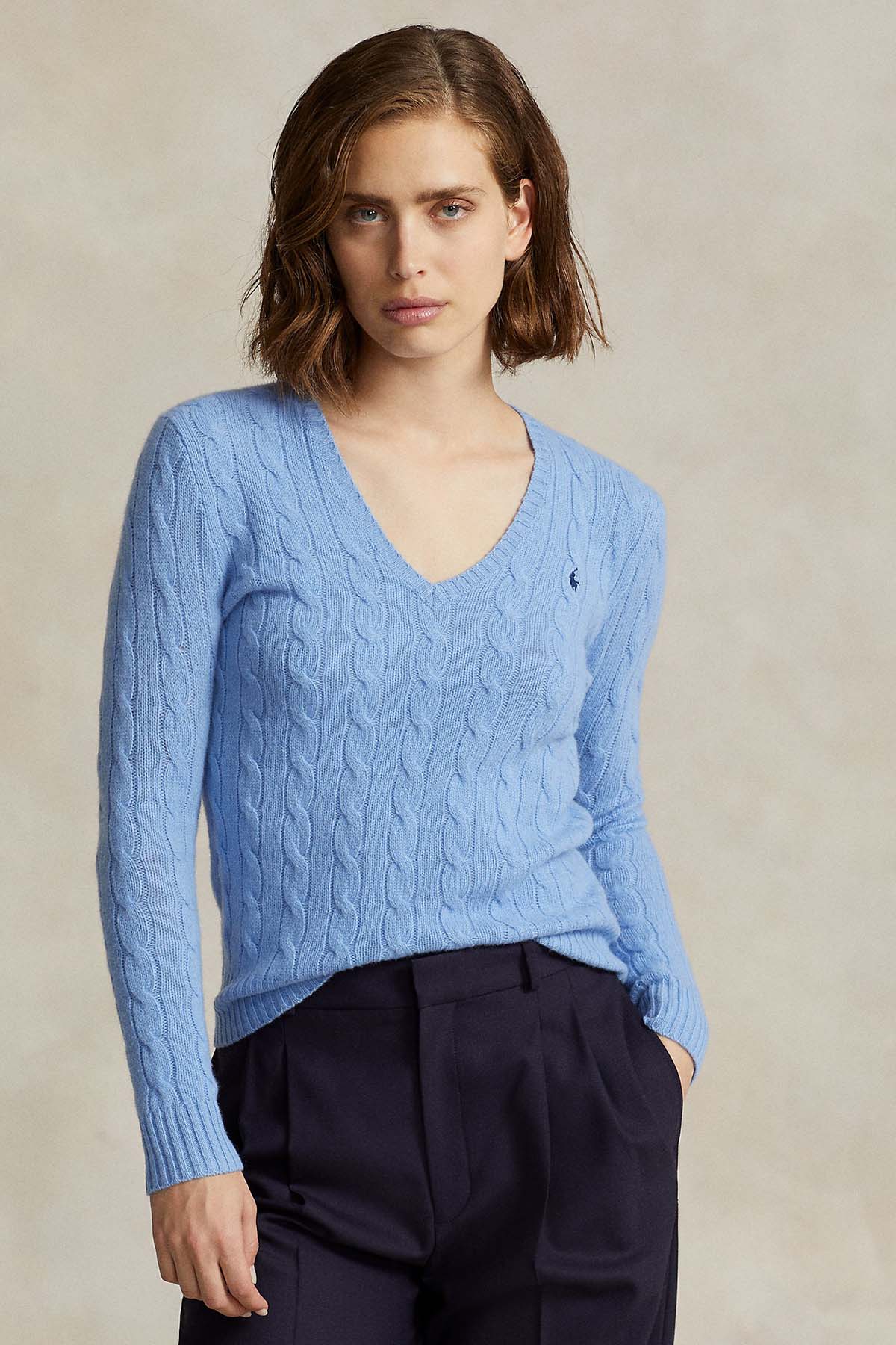 Polo Ralph Lauren Kaşmirli Slim Fit V Yaka Saç Örgü Yün Triko-Libas Trendy Fashion Store