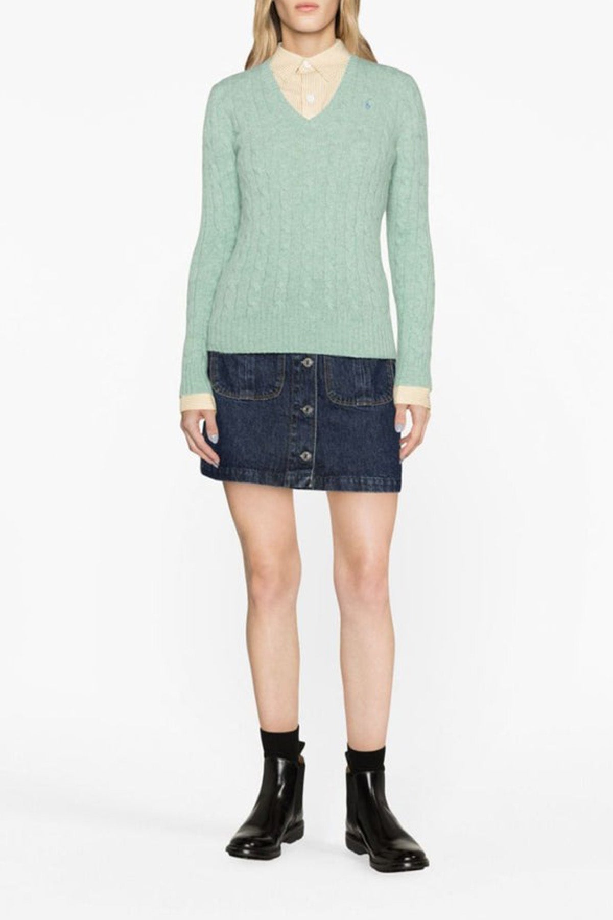 Polo Ralph Lauren Kaşmirli Slim Fit V Yaka Saç Örgü Yün Triko-Libas Trendy Fashion Store