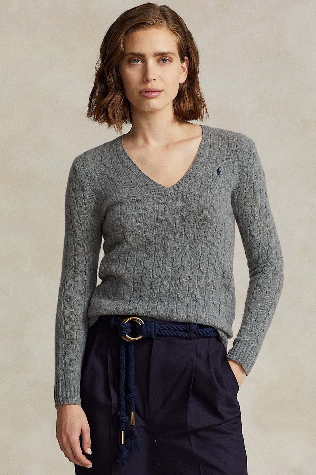 Polo Ralph Lauren Kaşmirli Slim Fit V Yaka Saç Örgü Yün Triko-Libas Trendy Fashion Store