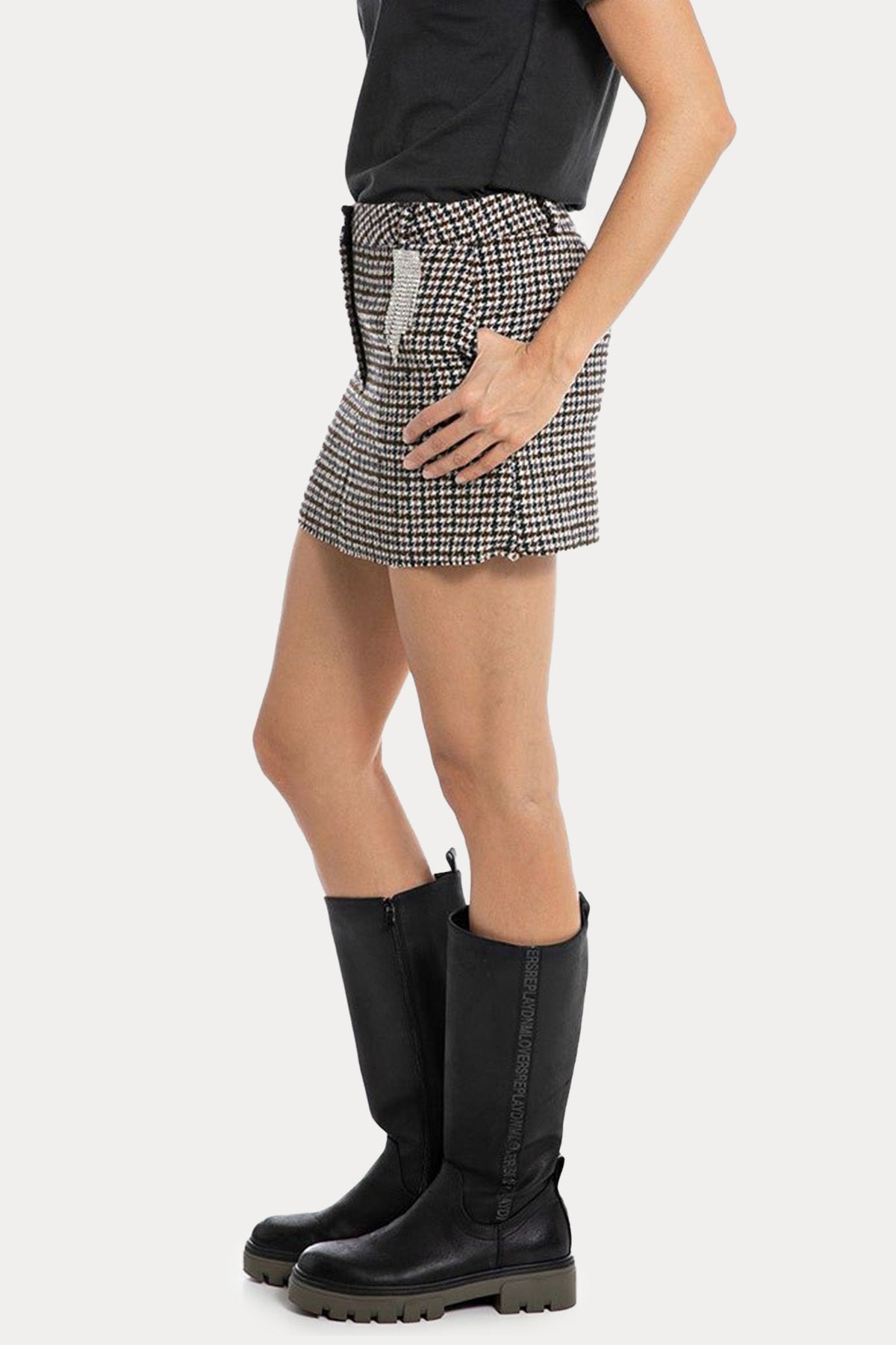 Replay Kazayağı Desenli Aksesuarlı Mini Etek-Libas Trendy Fashion Store