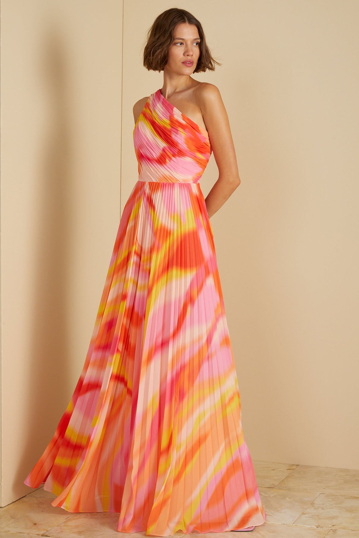 Amur Tek Omuz Renkli Desenli Maxi Abiye Elbise