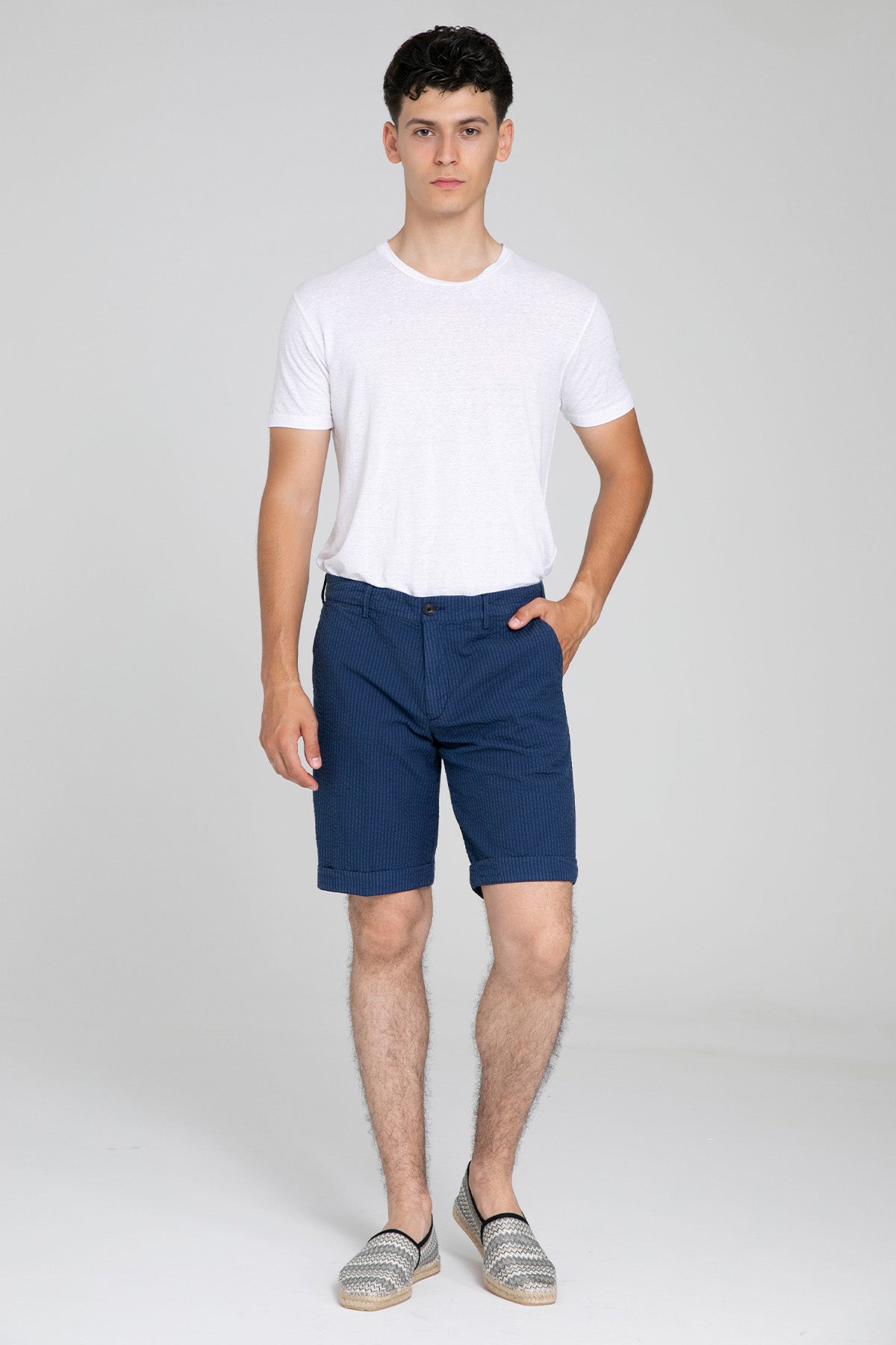 40 Weft Sergentbe Yandan Cepli Çizgili Şort