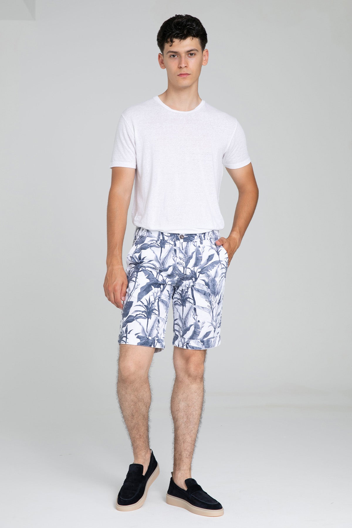 40 Weft Sergentbe Yandan Cepli Desenli Şort