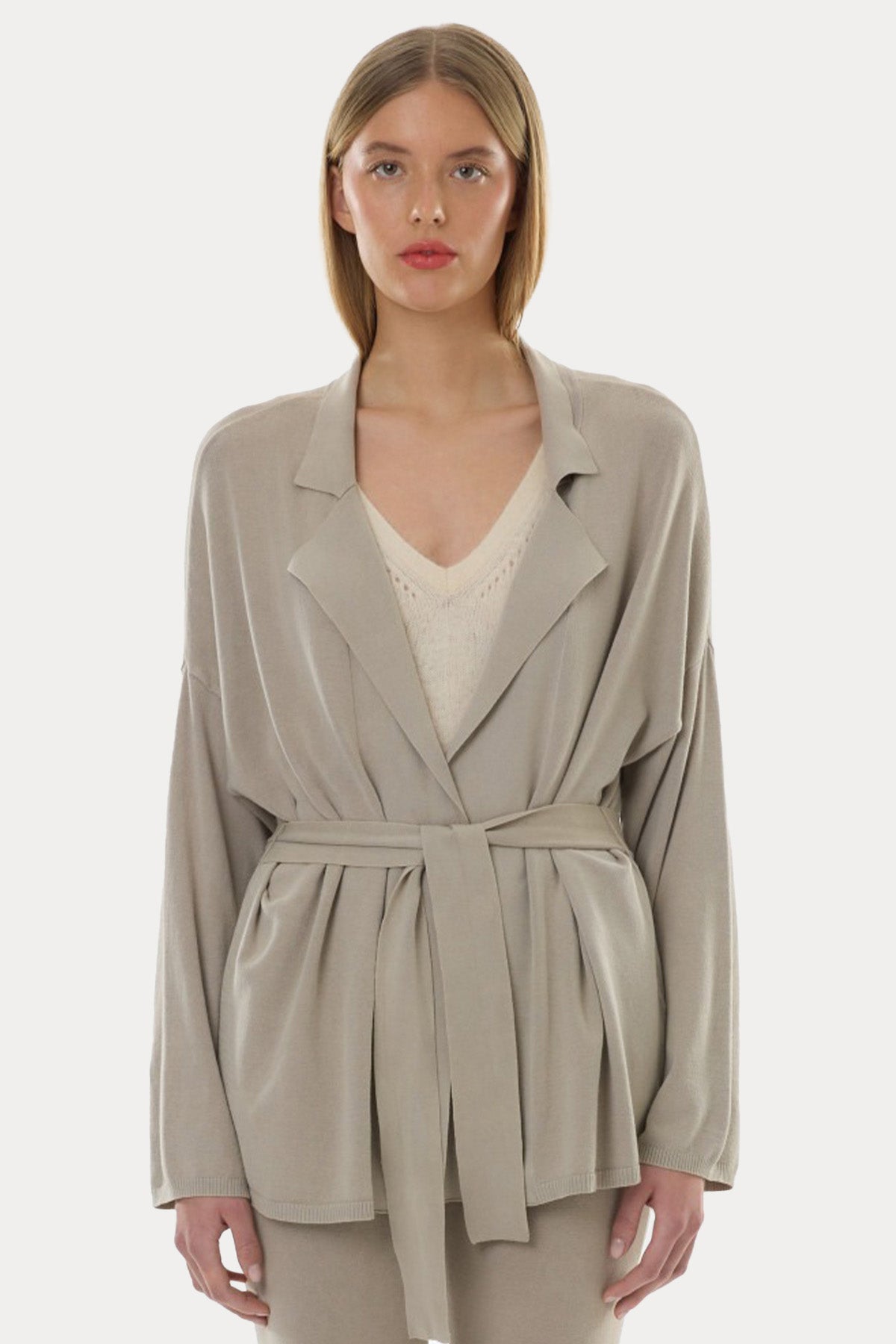 Majestic İnce Örgü Kemerli Streç Triko Ceket