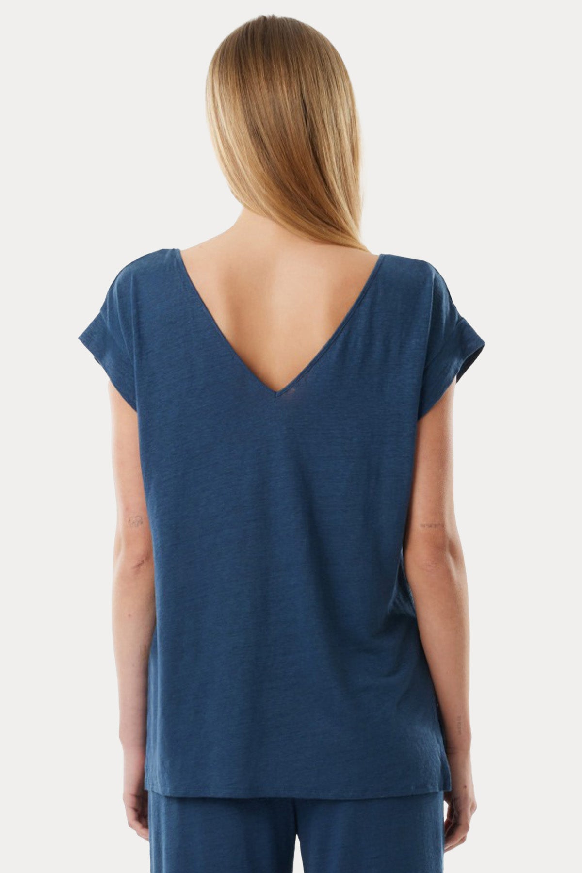 Majestic V Yaka Streç Keten Bluz