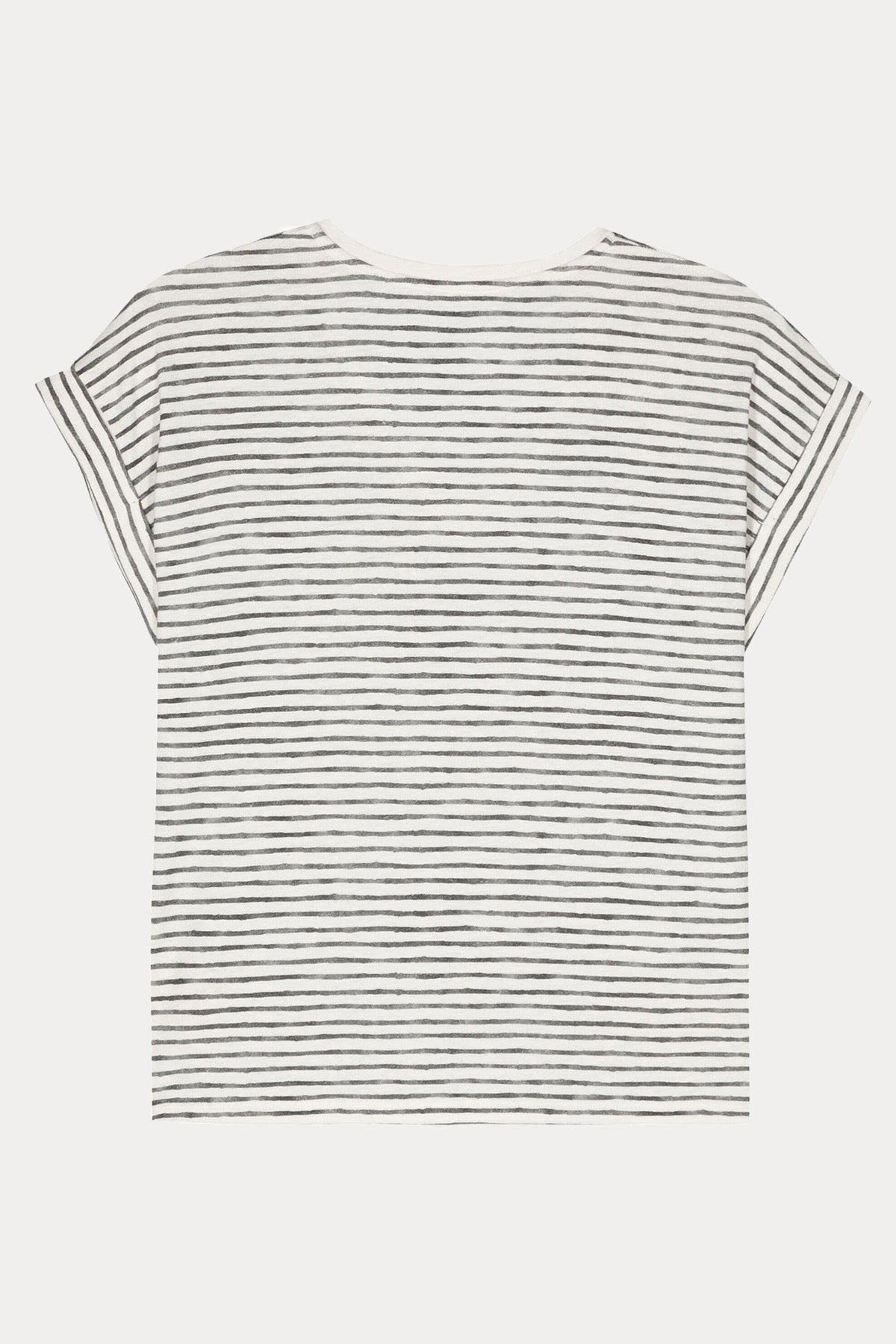 Majestic V Yaka Çizgili Streç Keten T-shirt