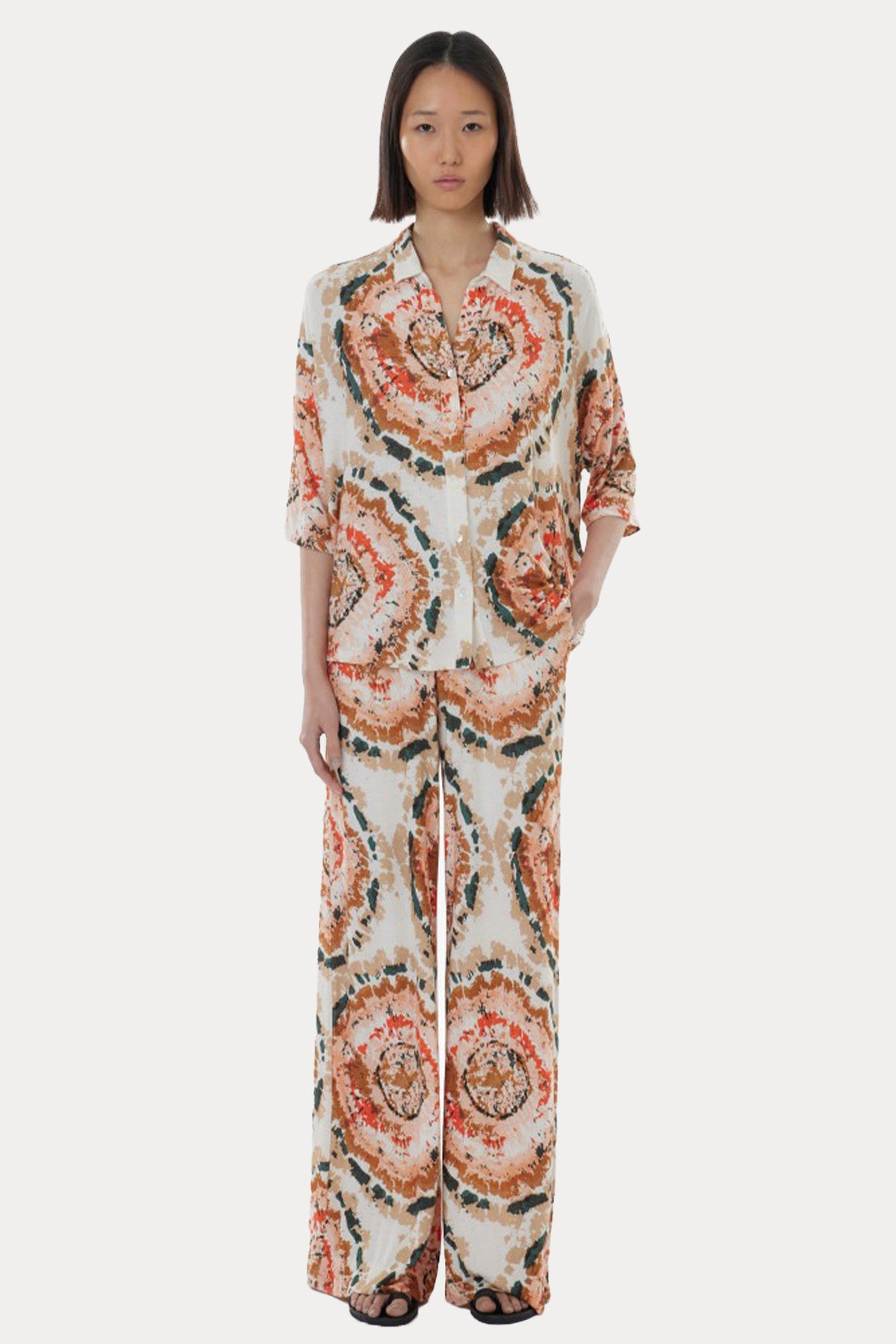 Majestic Renkli Desenli Streç Keten Gömlek