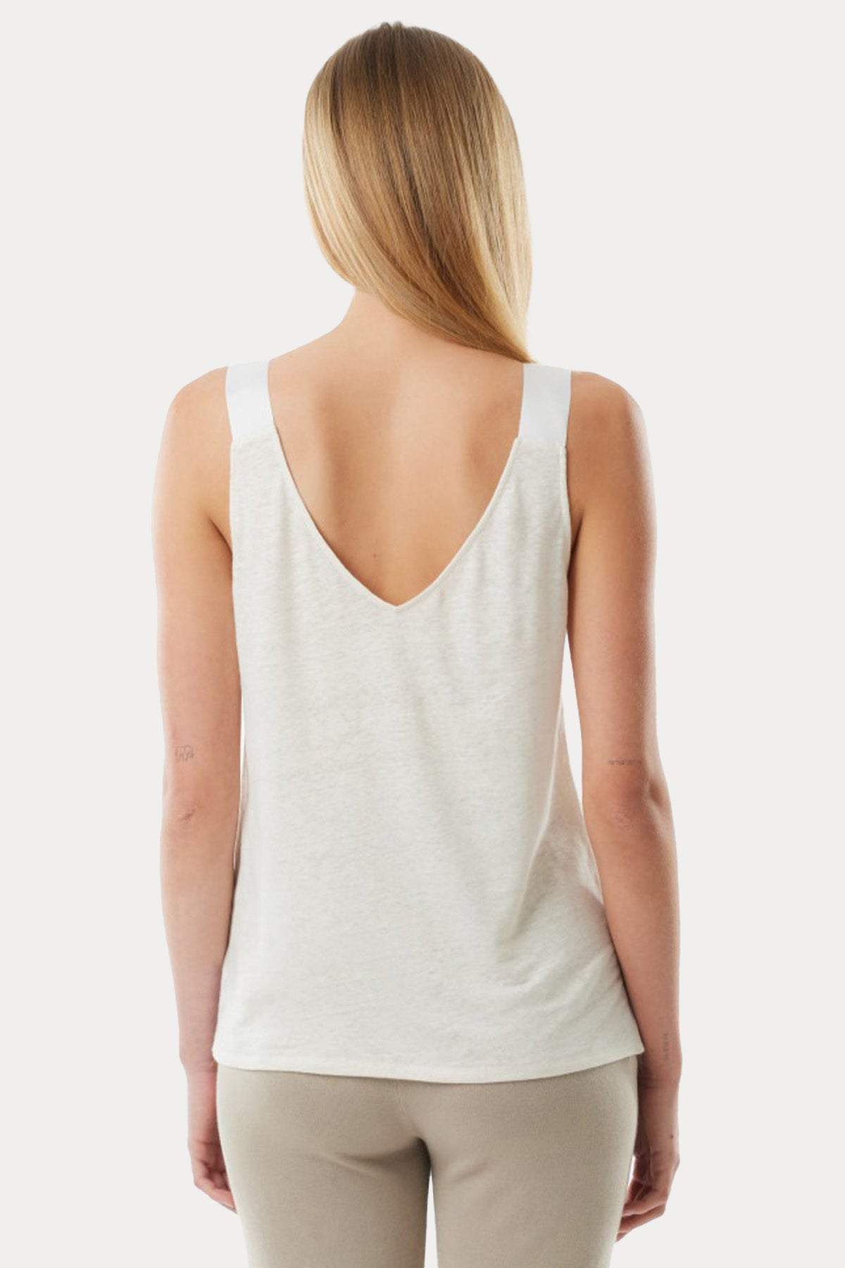 Majestic V Yaka Askılı Streç Keten Bluz