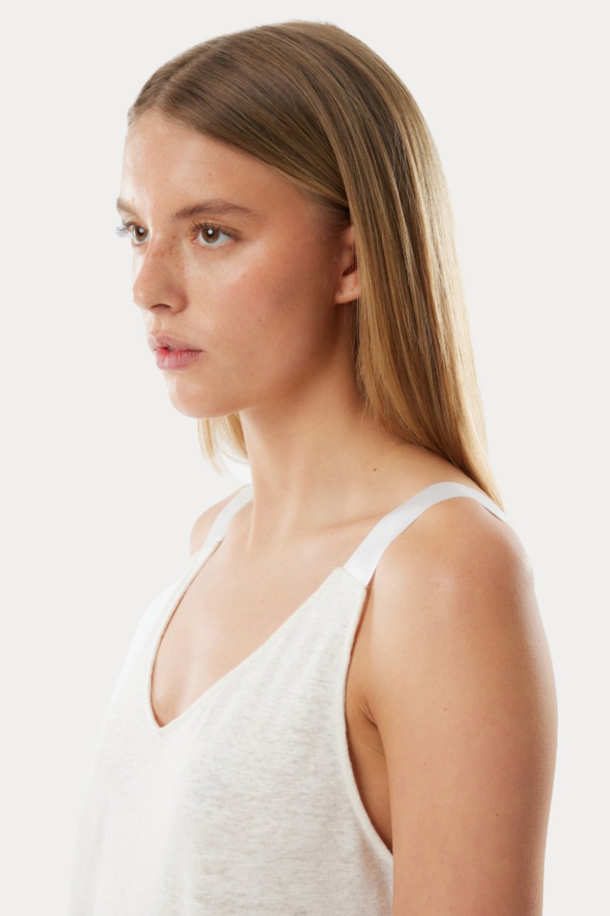 Majestic V Yaka Askılı Streç Keten Bluz