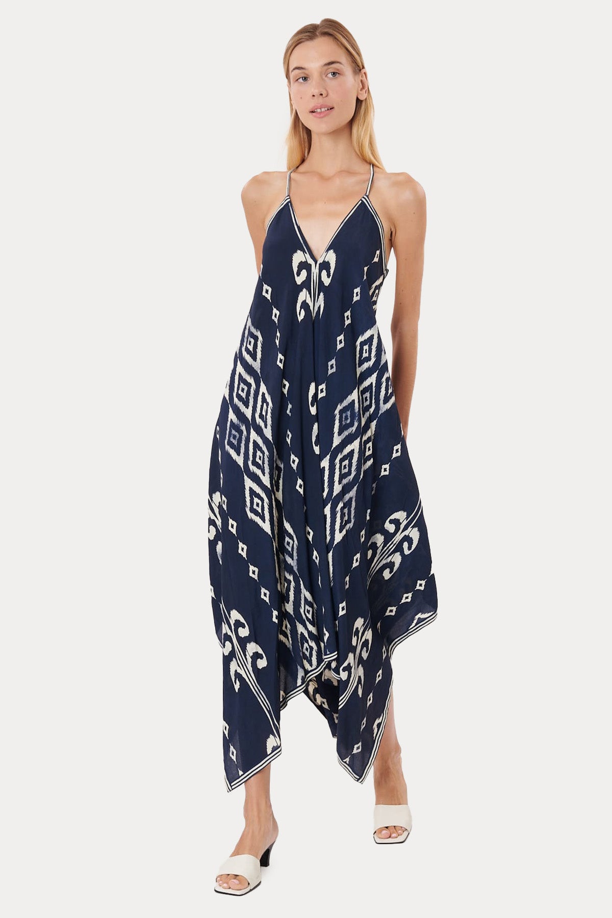 Rene Derhy V Yaka Sırt Dekolteli Desenli Midi Elbise