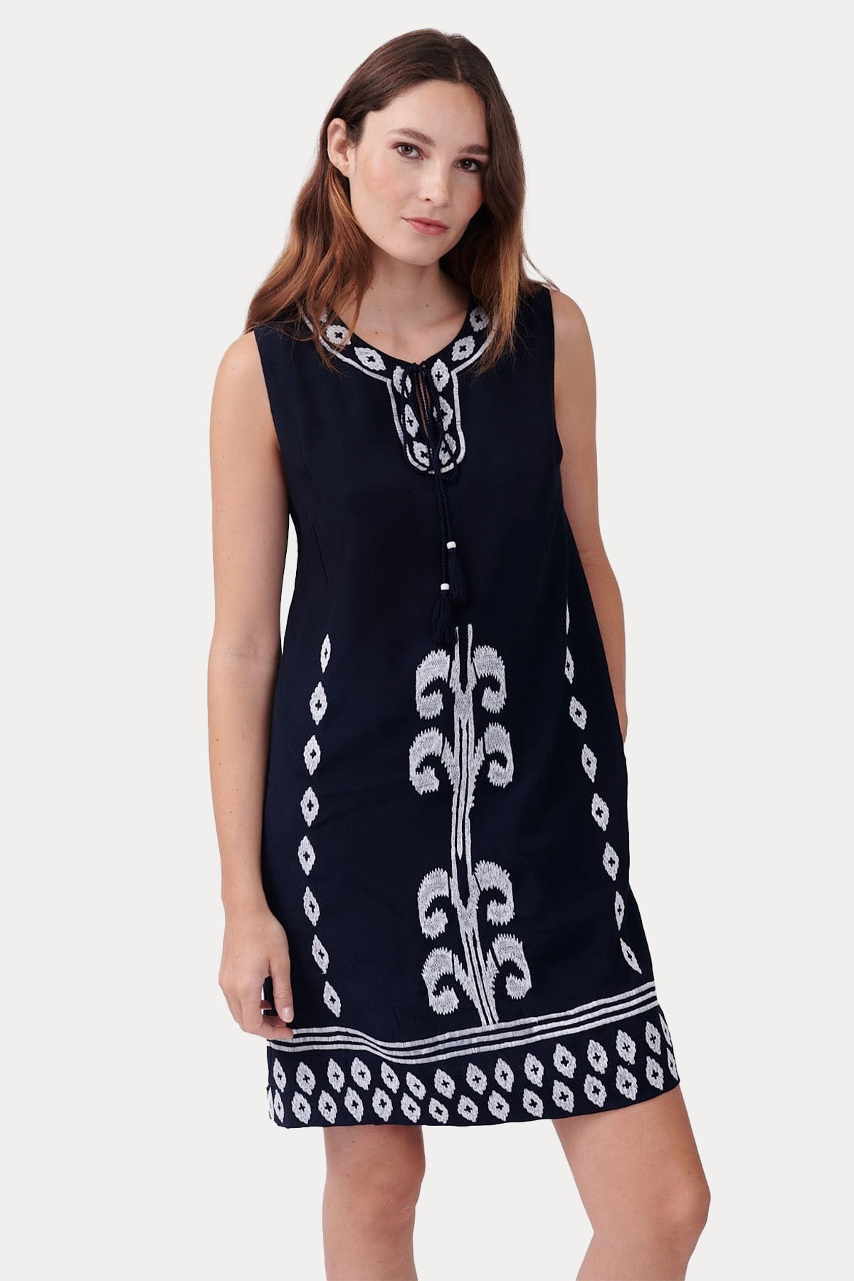 Rene Derhy İp Bağlamalı Yuvarlak Yaka Desenli Mini Elbise