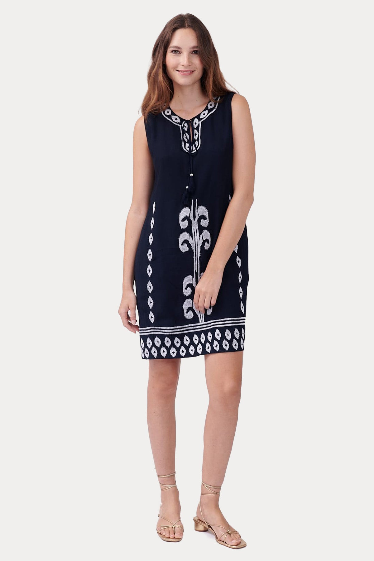 Rene Derhy İp Bağlamalı Yuvarlak Yaka Desenli Mini Elbise