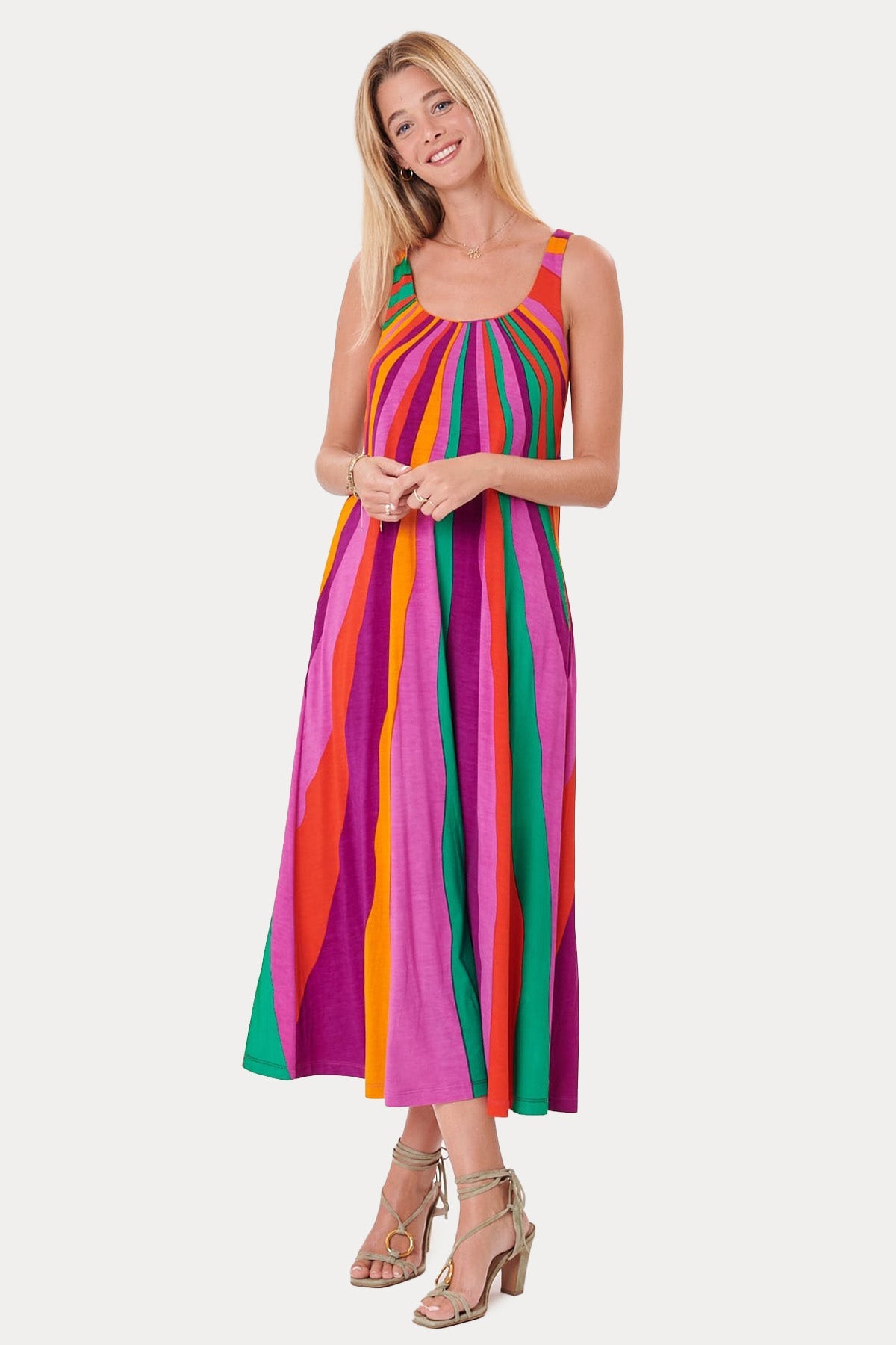 Rene Derhy Yuvarlak Yaka Renkli Desenli Maxi Elbise