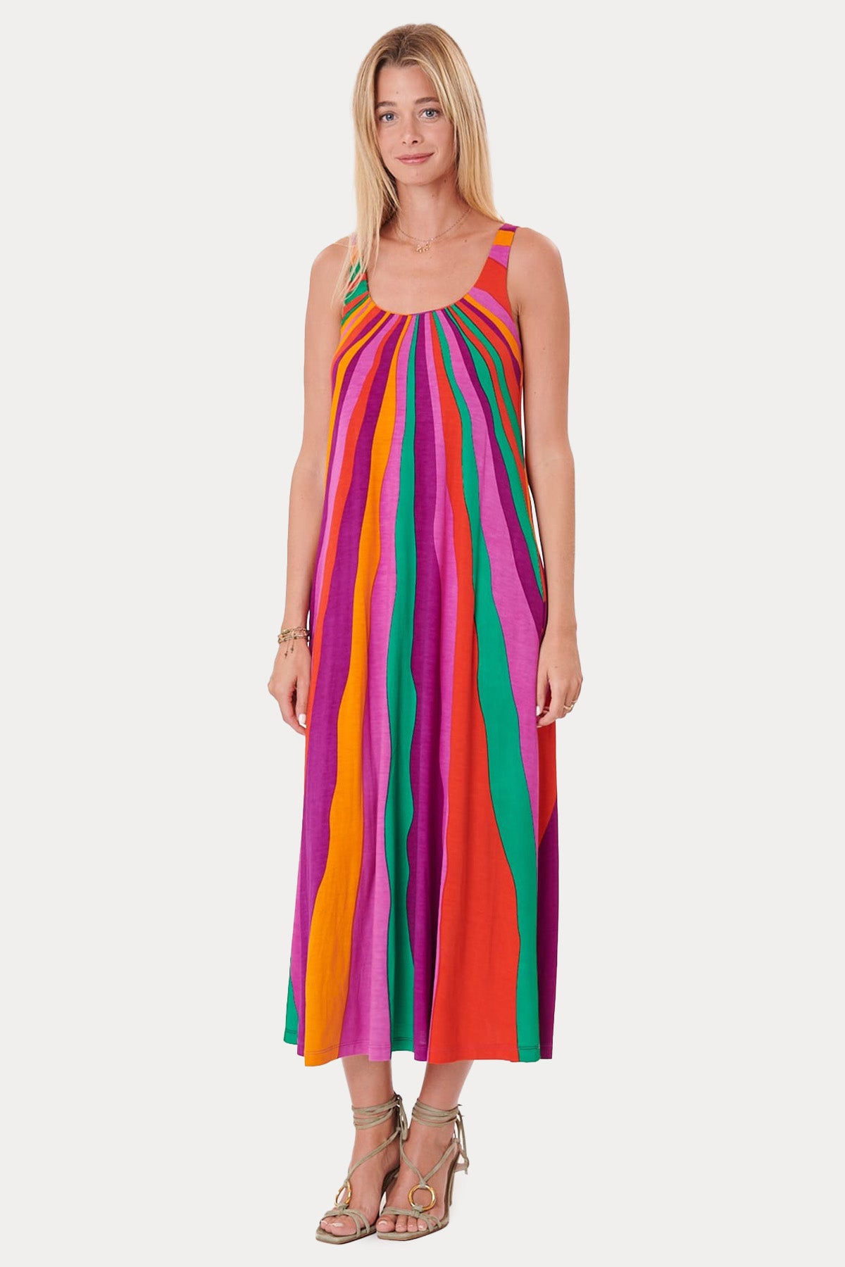 Rene Derhy Yuvarlak Yaka Renkli Desenli Maxi Elbise