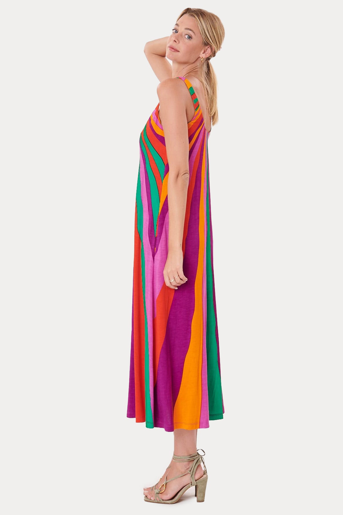 Rene Derhy Yuvarlak Yaka Renkli Desenli Maxi Elbise