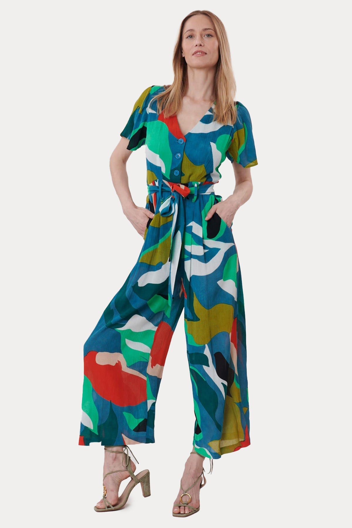 Rene Derhy V Yaka Kuşaklı Renkli Desenli Tulum