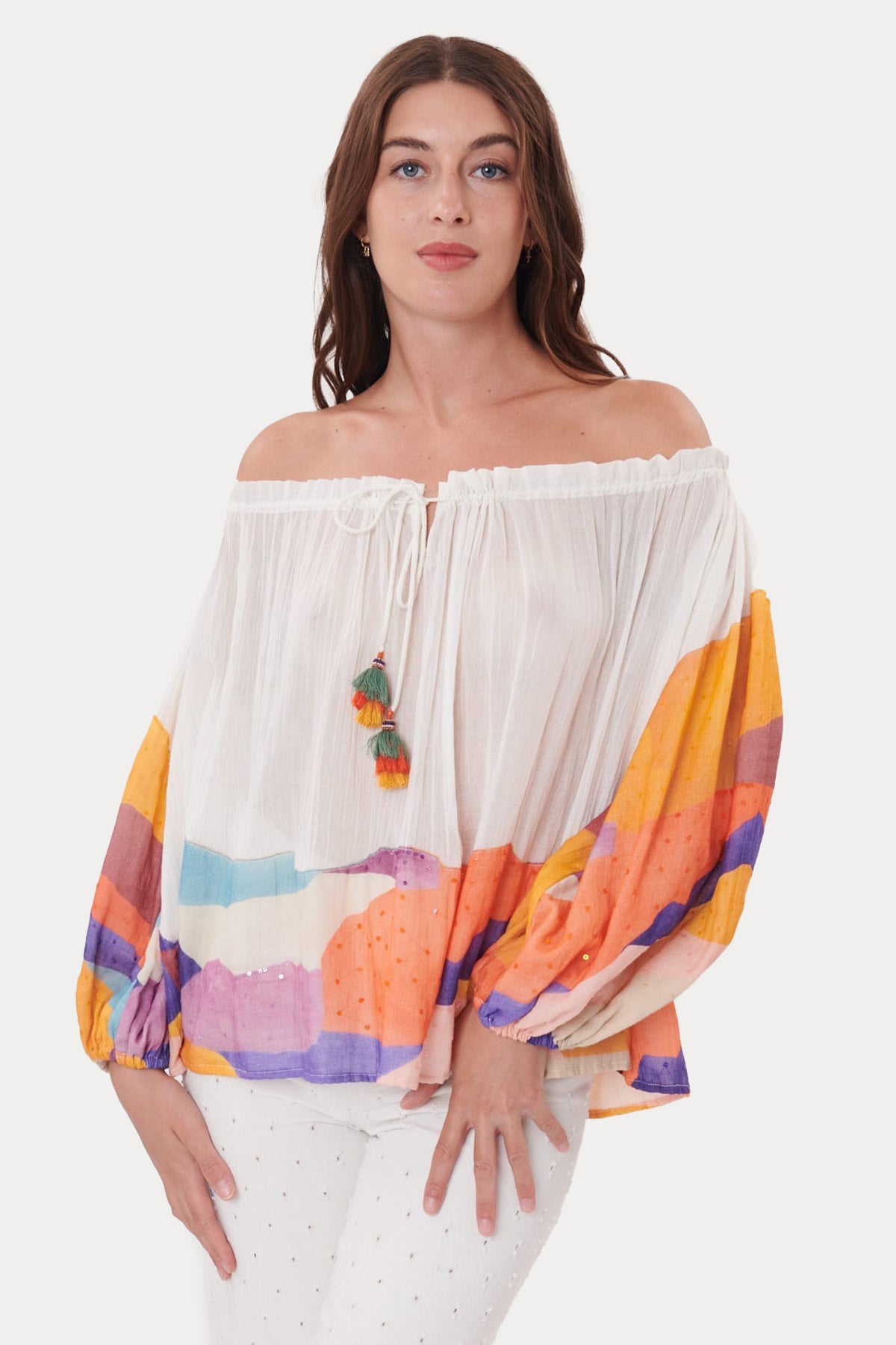 Rene Derhy Straplez Yaka Geniş Kesim Desenli Bluz