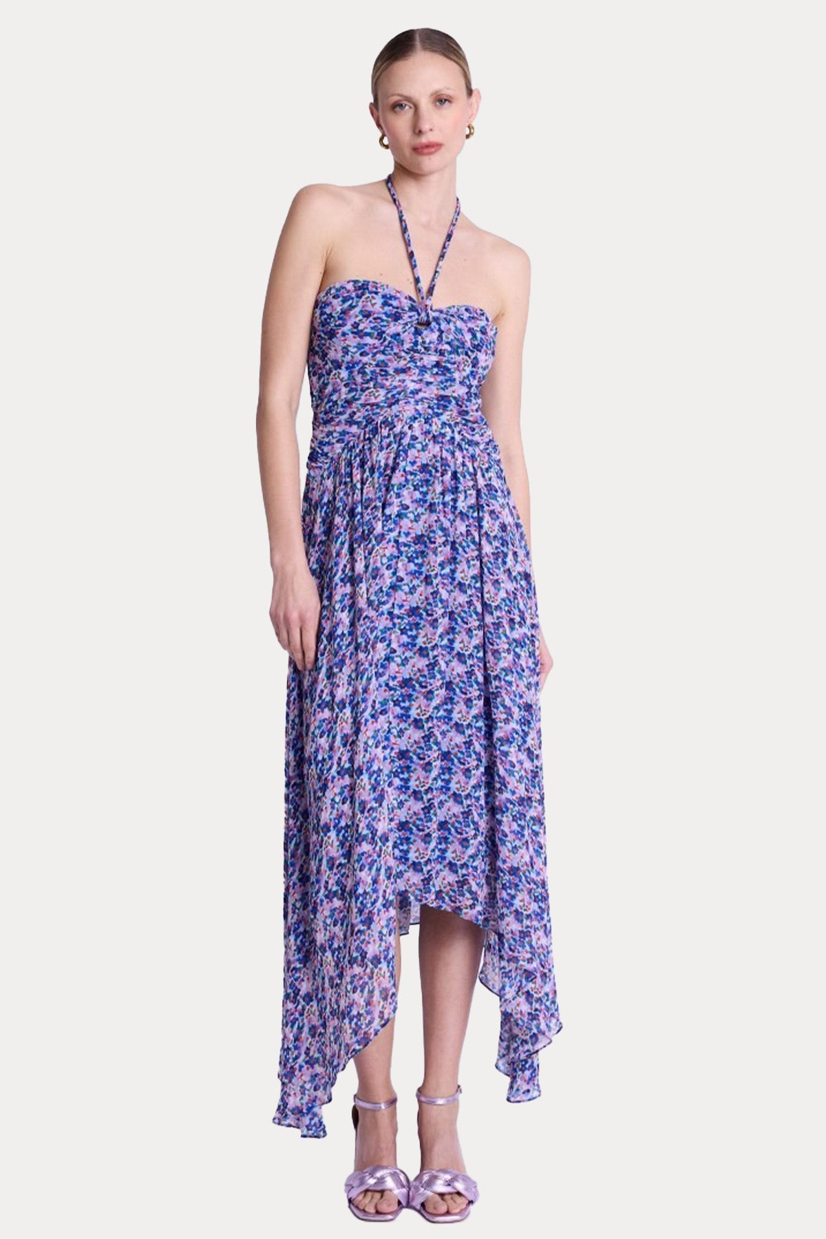 Berenice Romila Boyundan Bağlamalı Straplez Desenli Midi Elbise