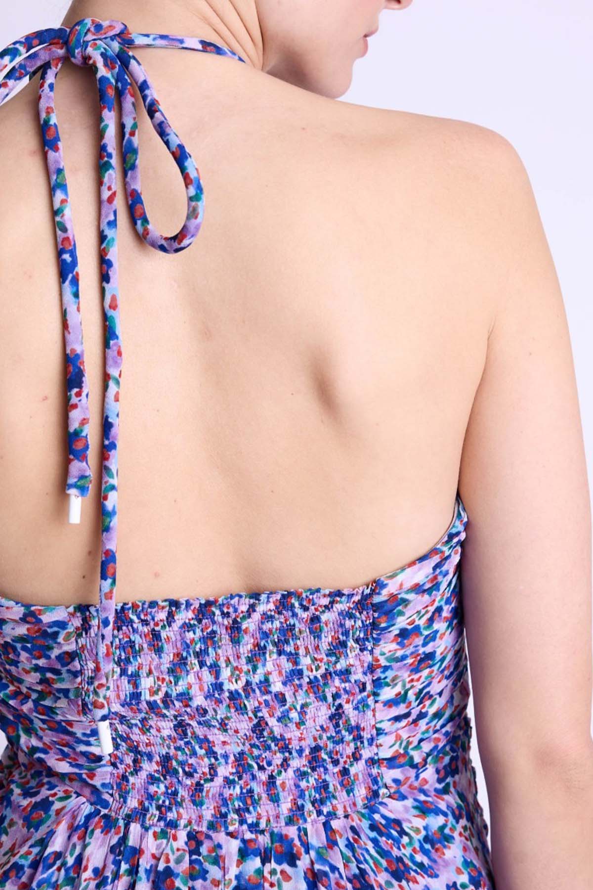 Berenice Romila Boyundan Bağlamalı Straplez Desenli Midi Elbise