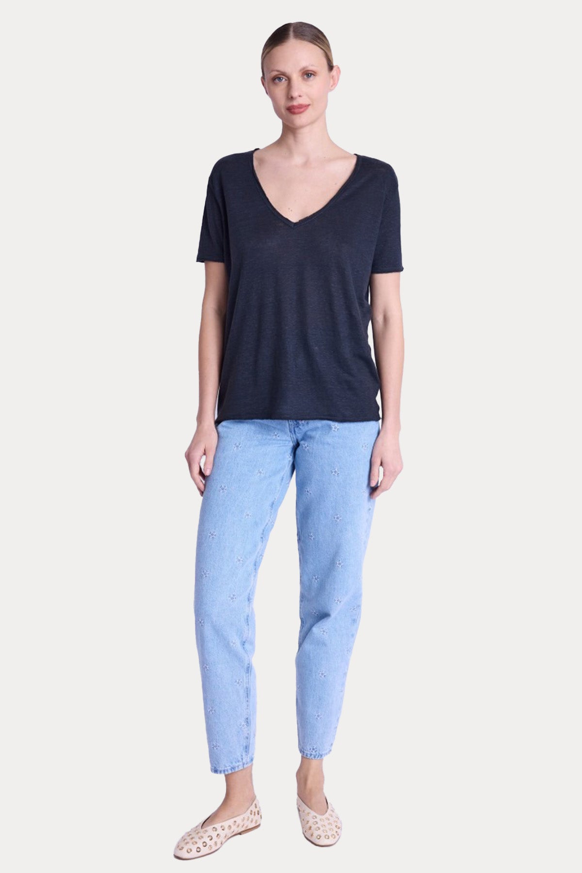 Berenice Emmaailes Regular Fit Kanat Desenli Keten T-shirt