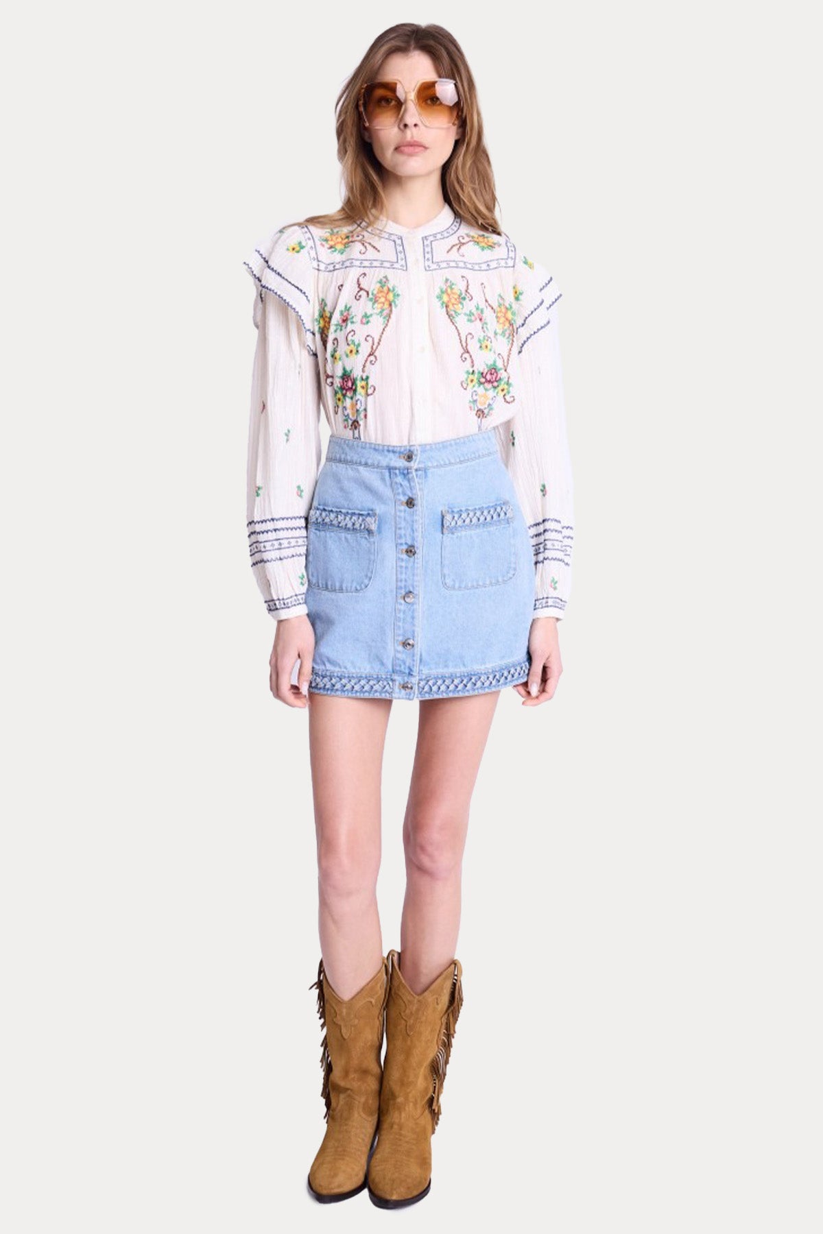 Berenice Janice Örgü Detaylı Spor Cepli Mini Denim Etek