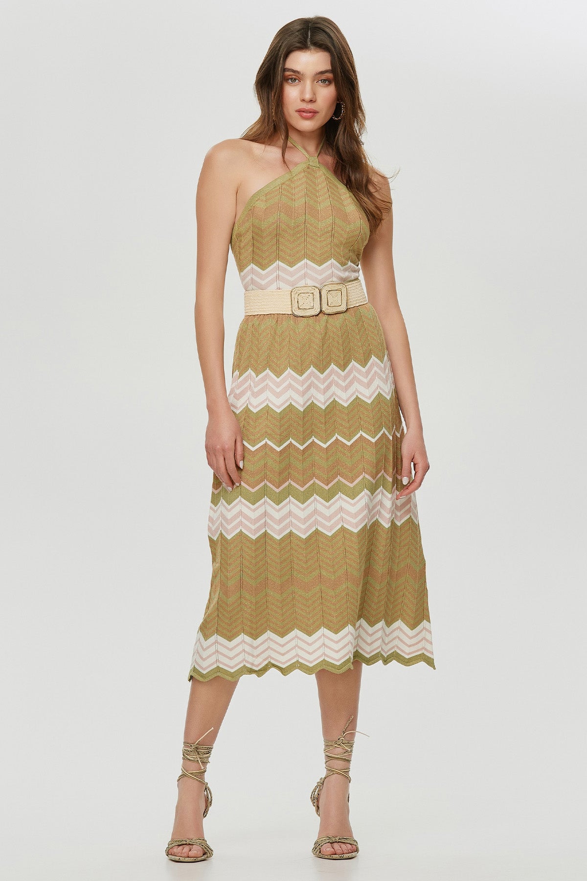 Lynne Boyundan Bağlamlı Örgü Desenli Crop Bluz