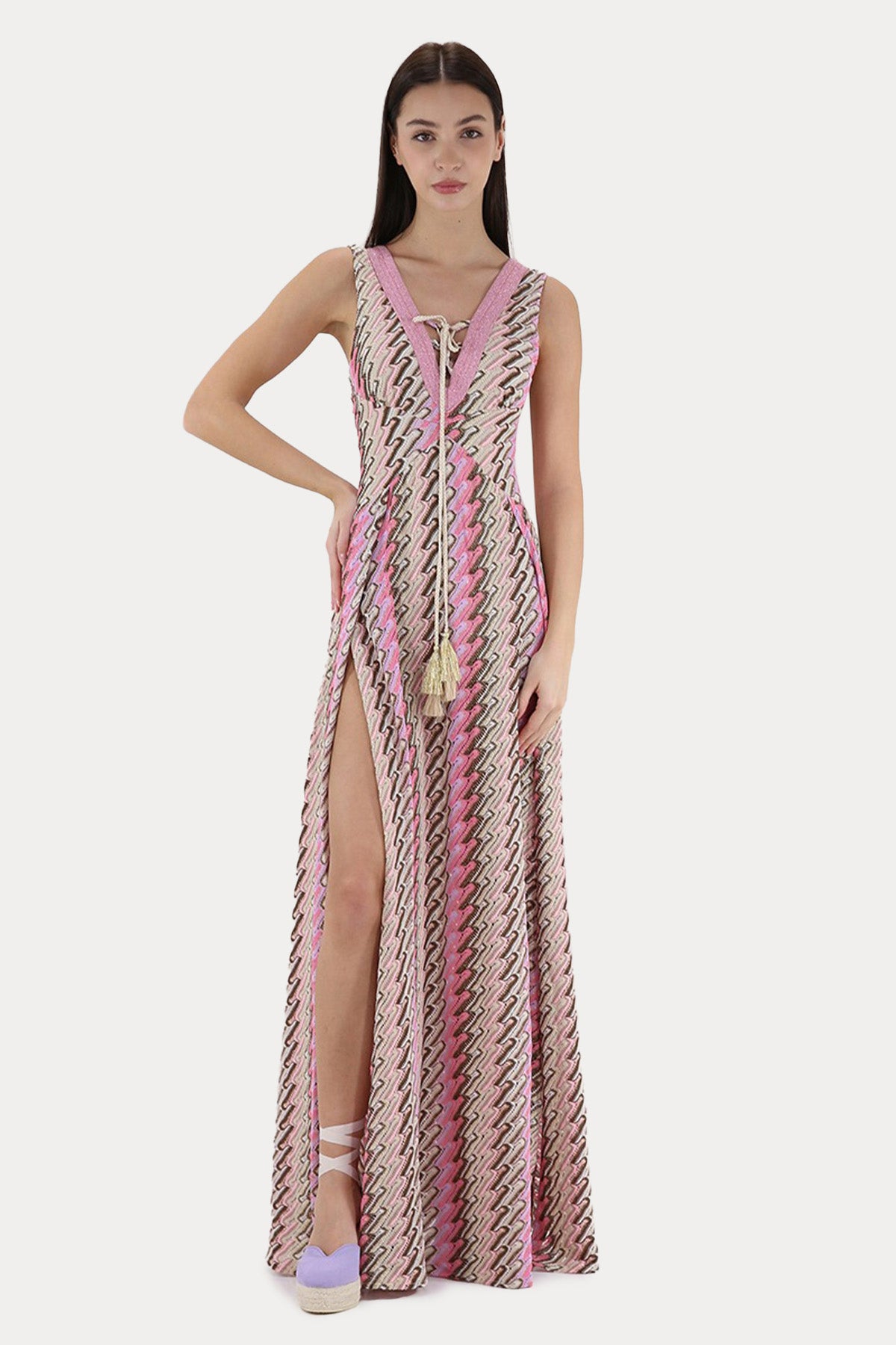 Pho Firenze V Yaka Renkli Desenli Maxi Elbise-Elbise-Libas