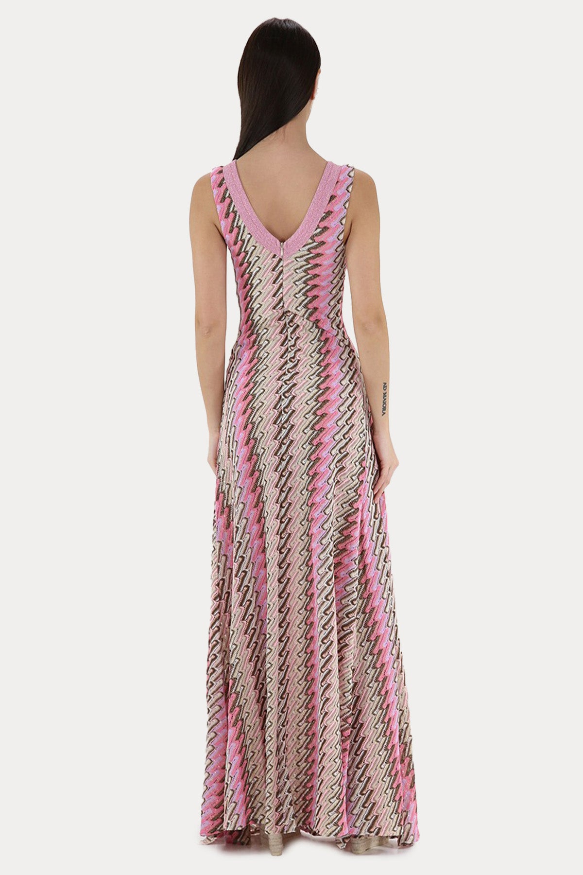 Pho Firenze V Yaka Renkli Desenli Maxi Elbise-Elbise-Libas