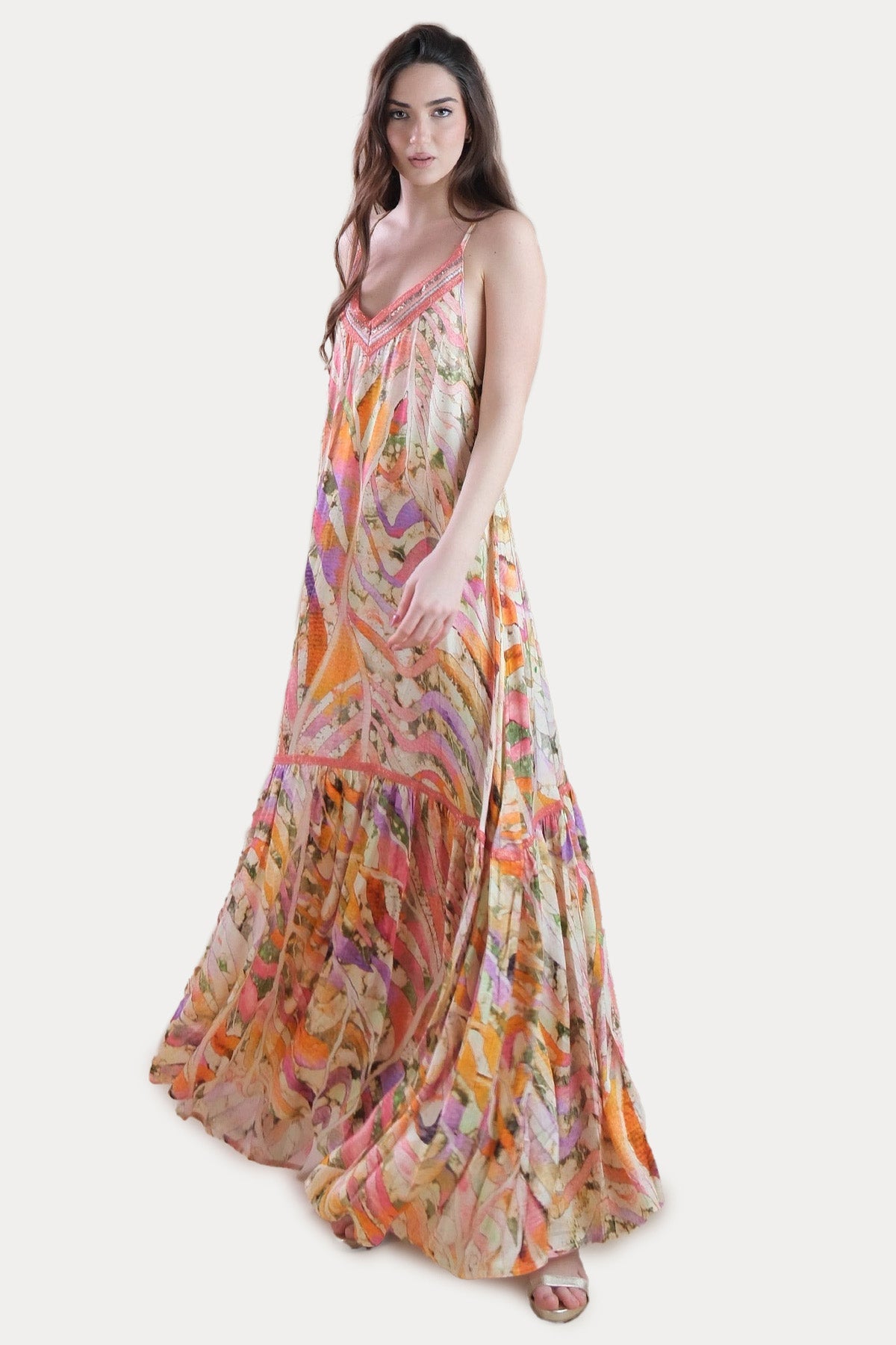 Pho Firenze Derin V Yaka Sırt Dekolteli Desenli Maxi Elbise