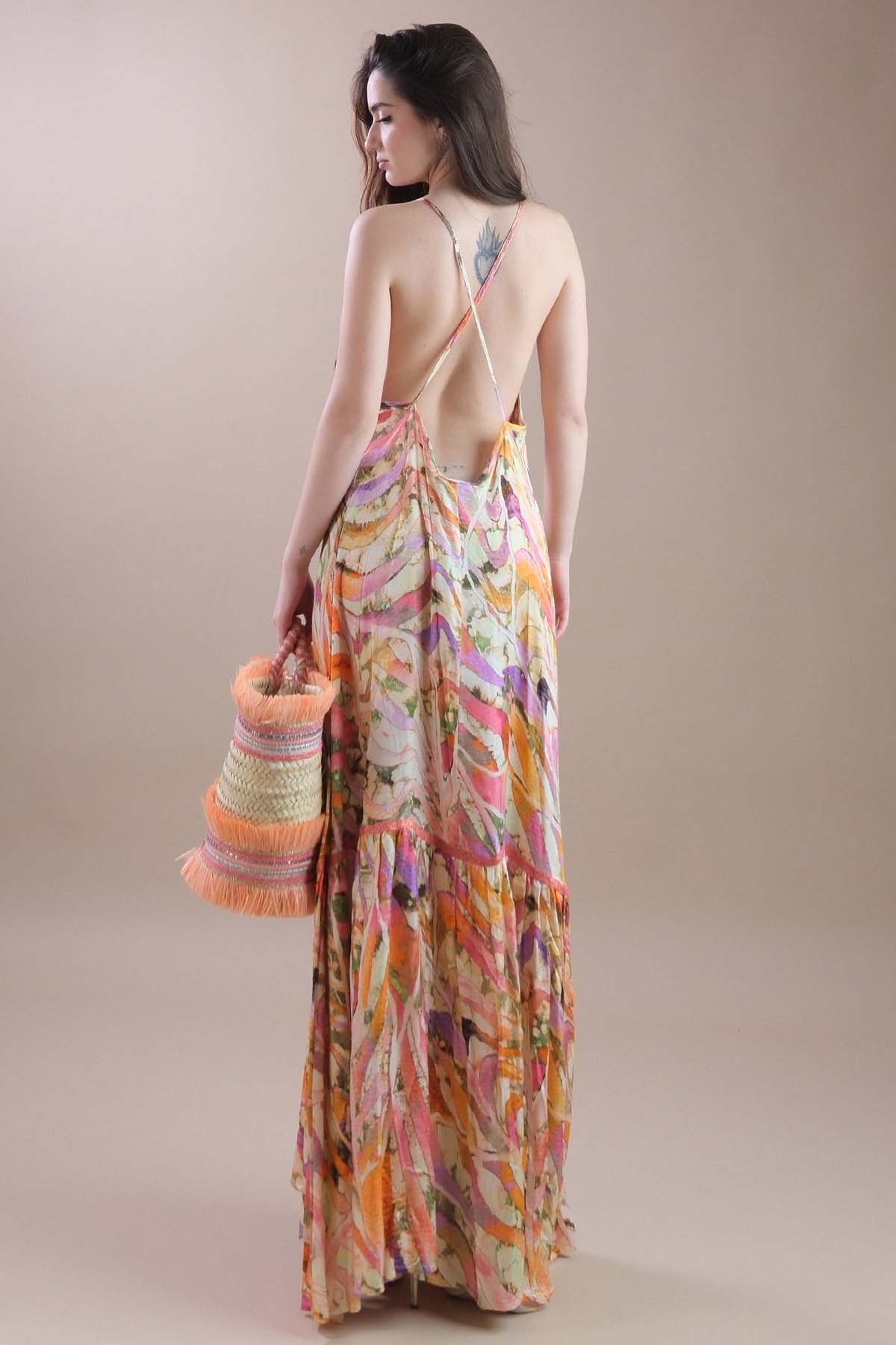 Pho Firenze Derin V Yaka Sırt Dekolteli Desenli Maxi Elbise