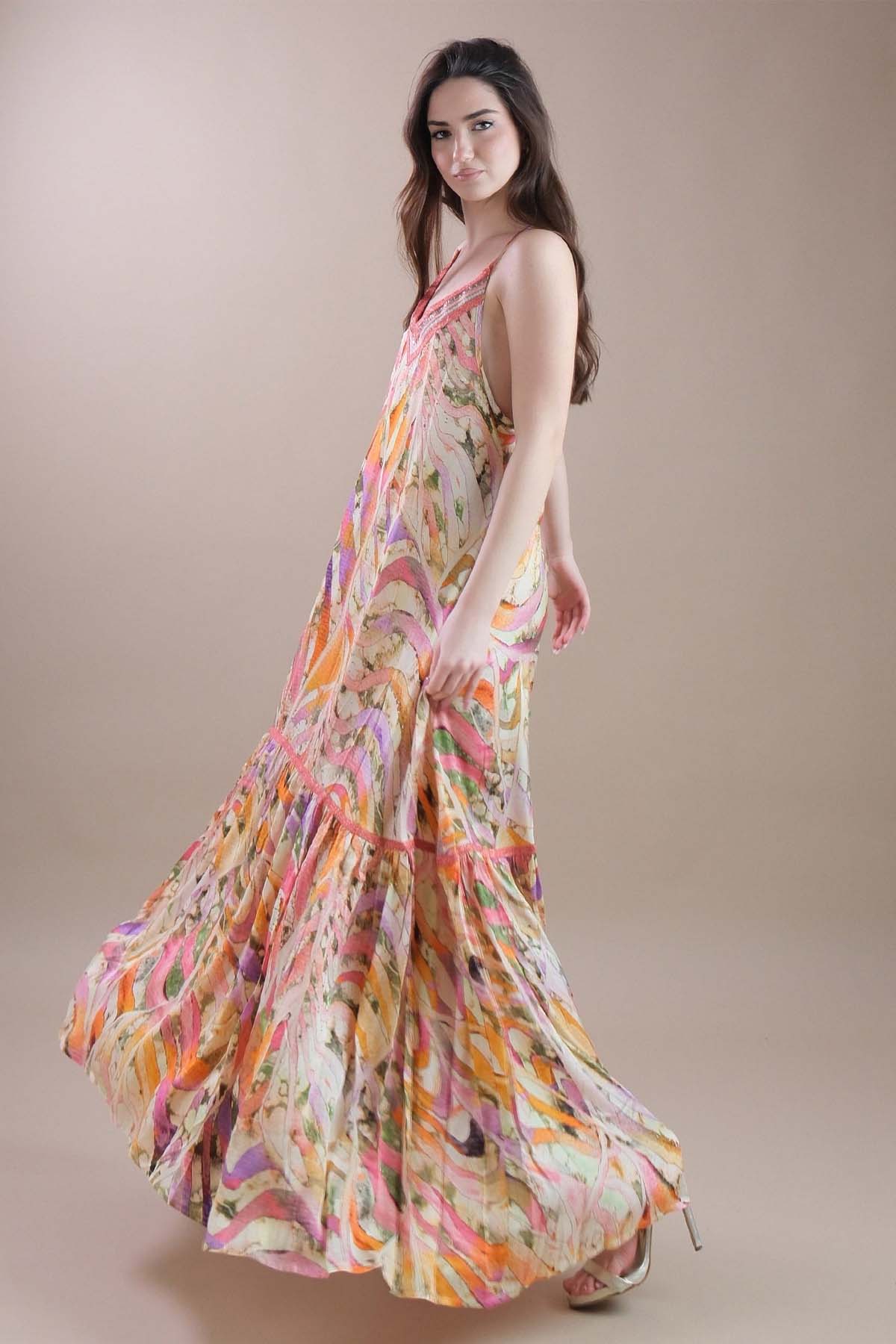 Pho Firenze Derin V Yaka Sırt Dekolteli Desenli Maxi Elbise