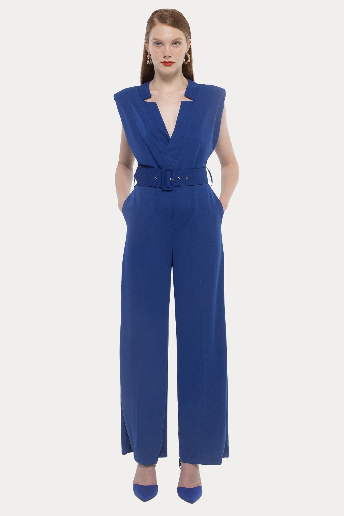 Hanita Derin V Yaka Kemerli Streç Abiye Tulum