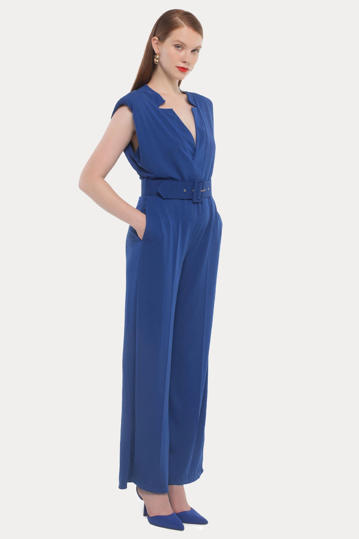 Hanita Derin V Yaka Kemerli Streç Abiye Tulum