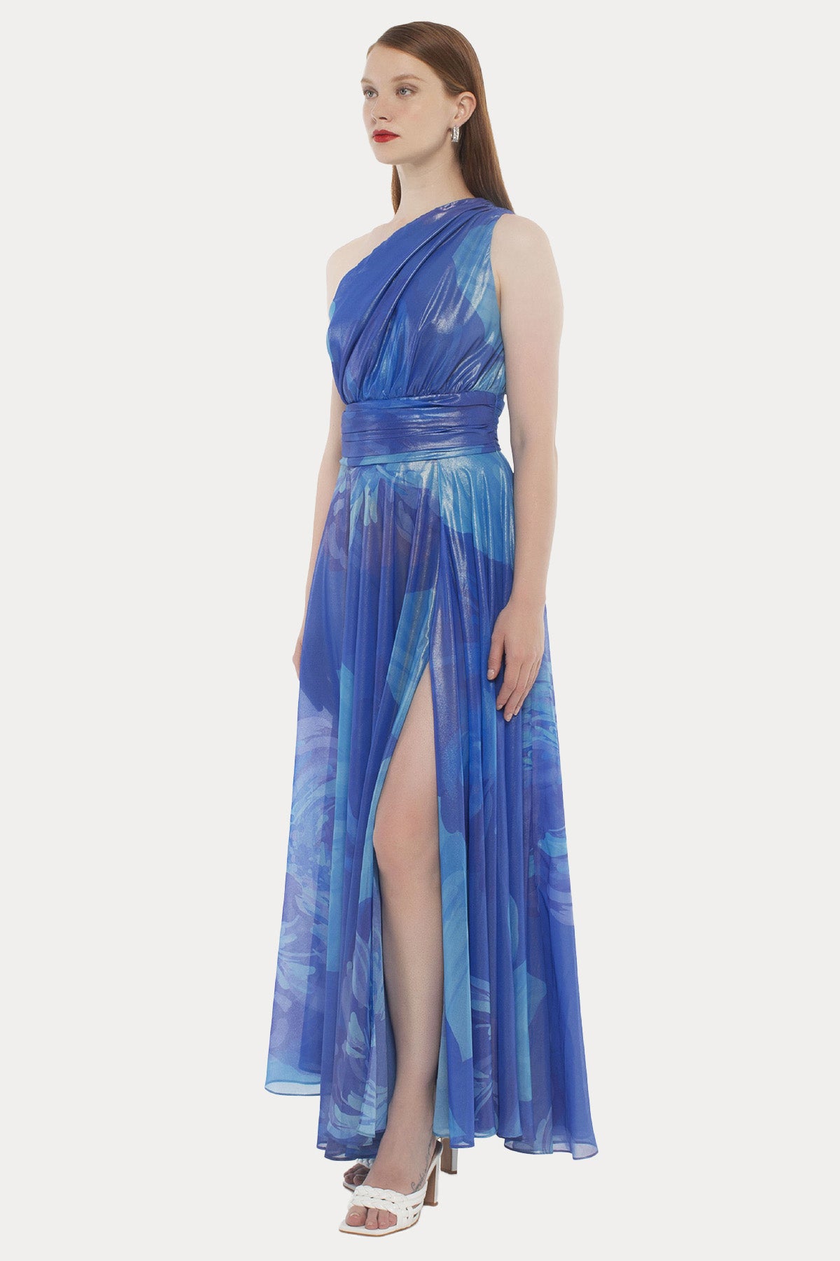 Hanita Tek Omuz Desenli Maxi Abiye Elbise