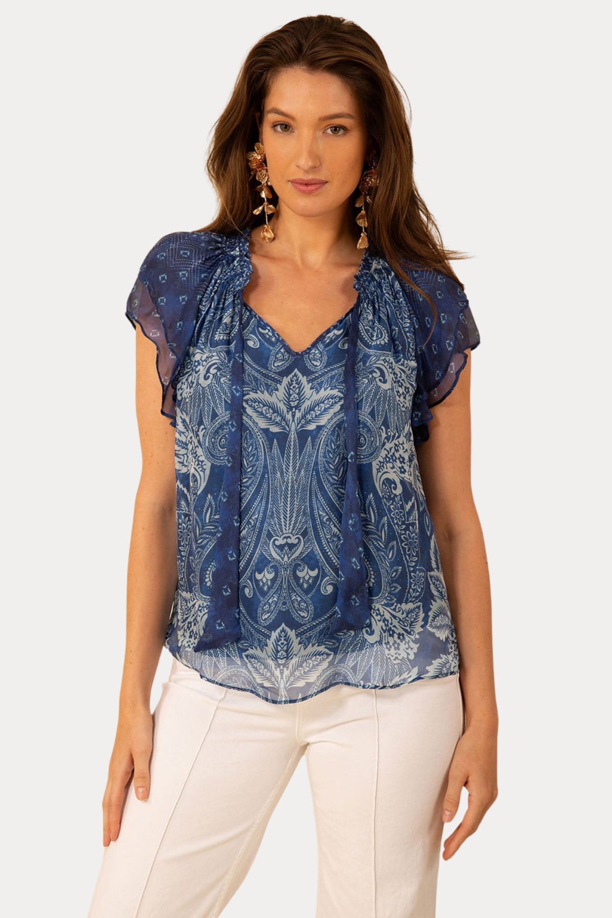 Hale Bob Fırfır Detaylı Desenli İpek Bluz