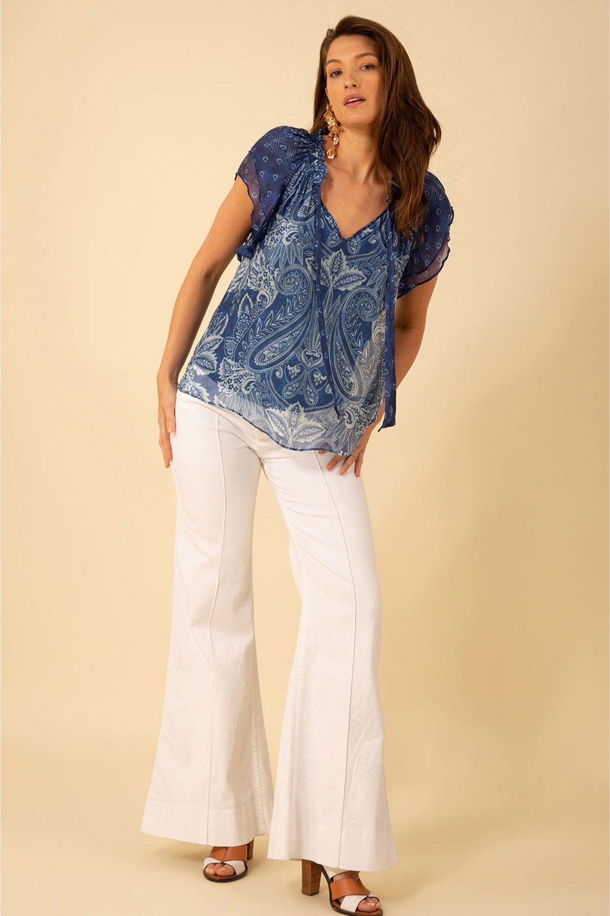 Hale Bob Fırfır Detaylı Desenli İpek Bluz