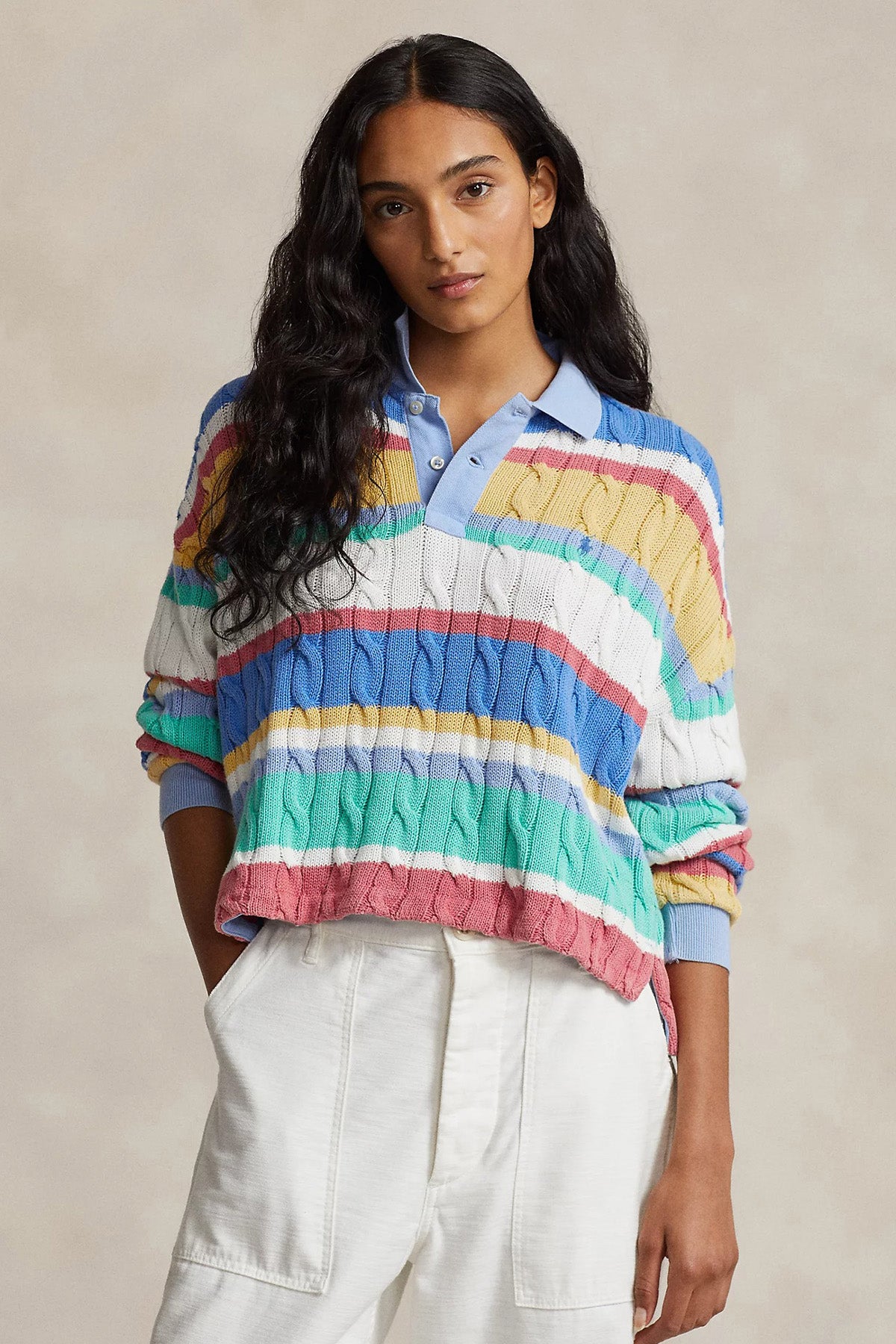 Polo Ralph Lauren Boxy Fit Polo Yaka Renk Bloklu Saç Örgü Triko