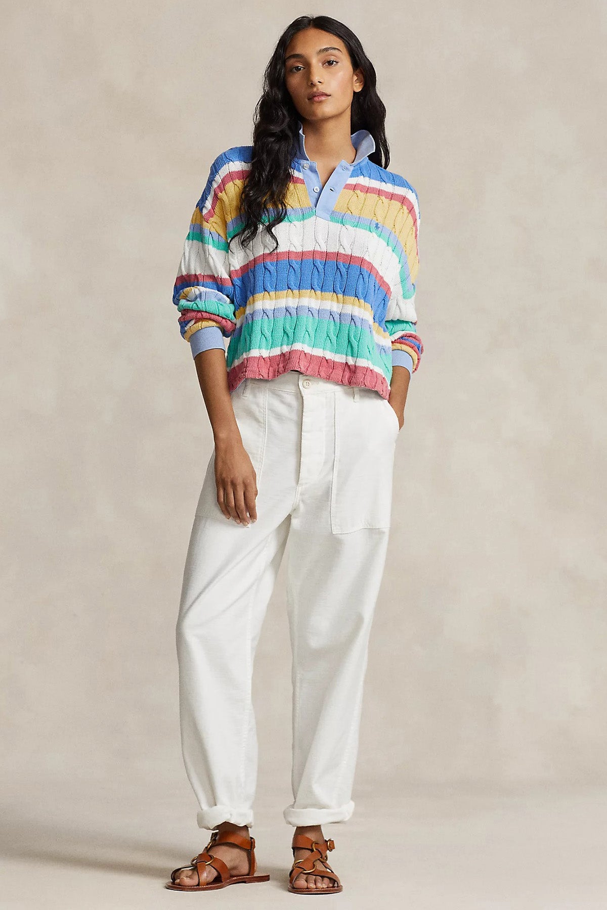 Polo Ralph Lauren Boxy Fit Polo Yaka Renk Bloklu Saç Örgü Triko