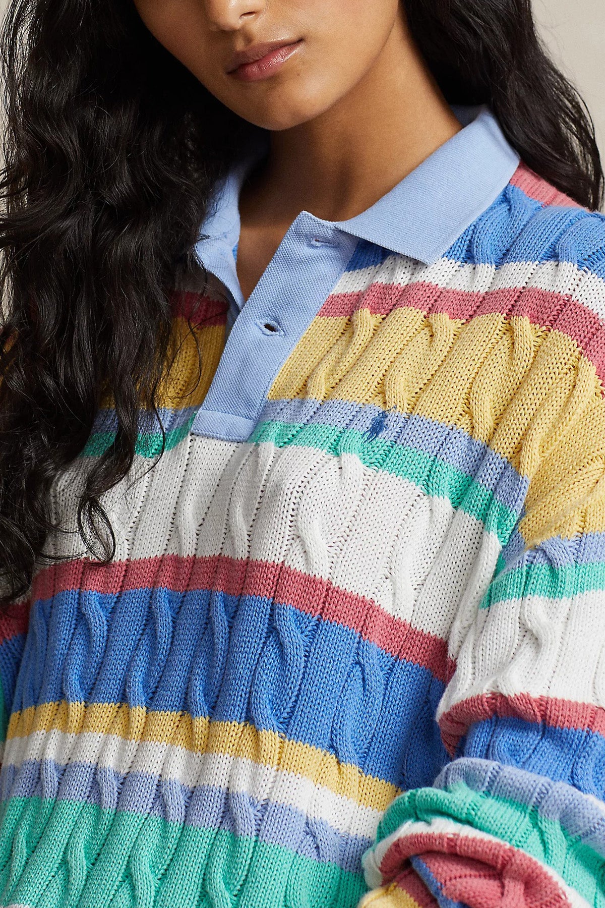 Polo Ralph Lauren Boxy Fit Polo Yaka Renk Bloklu Saç Örgü Triko