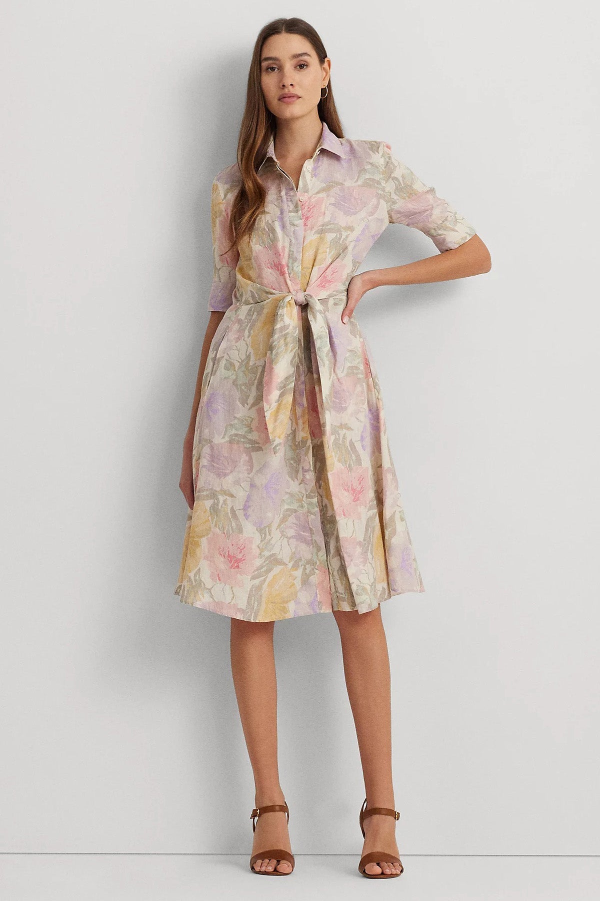 Polo Ralph Lauren Kemerli Çiçek Desenli Midi Keten Elbise