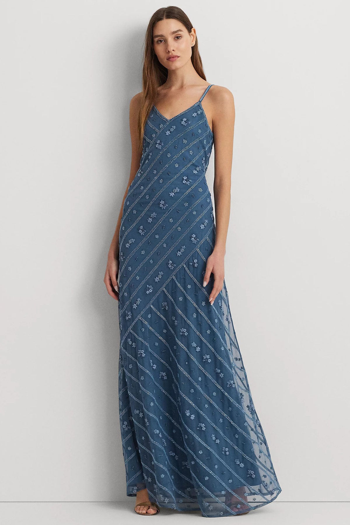 Polo Ralph Lauren V Yaka Desenli Maxi Abiye Elbise