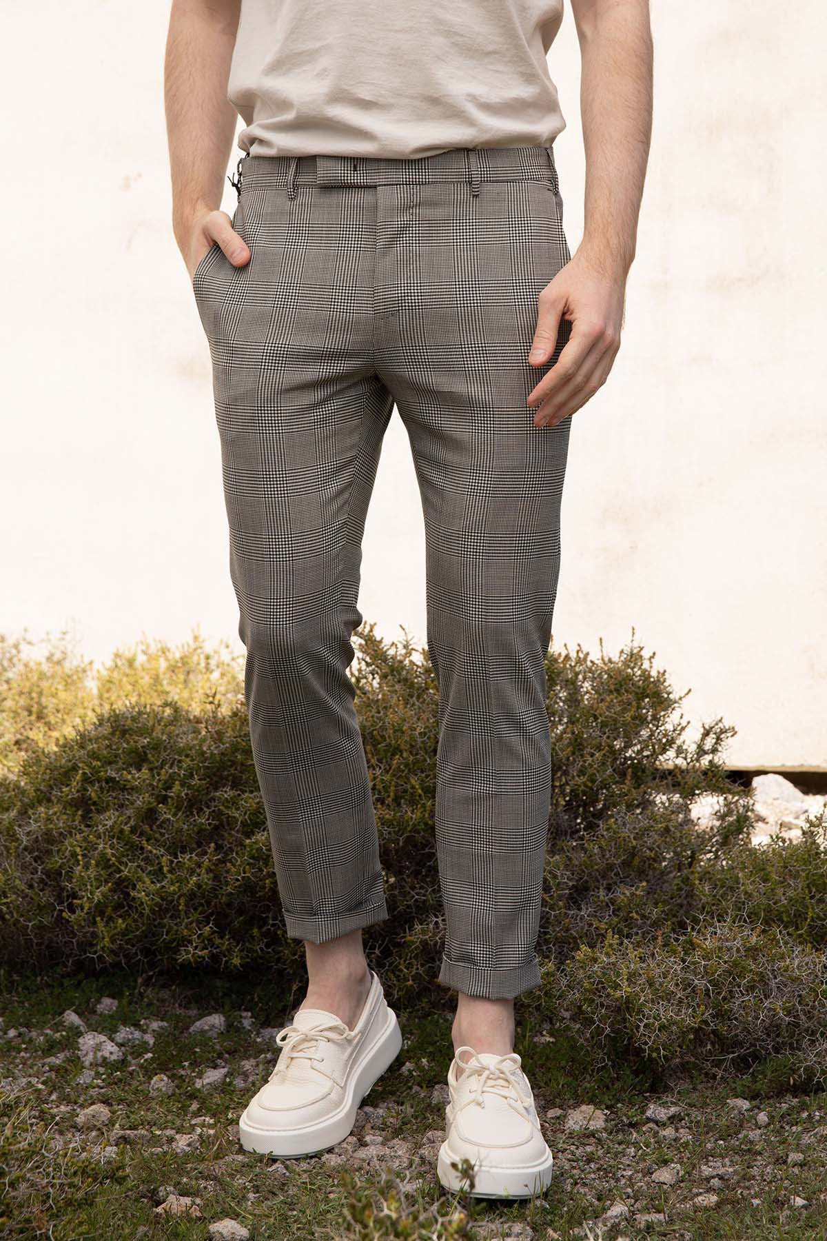 Pantaloni Torino Dieci Fit Ekoseli Yandan Cepli Streç Pantolon-Pantolon-Libas