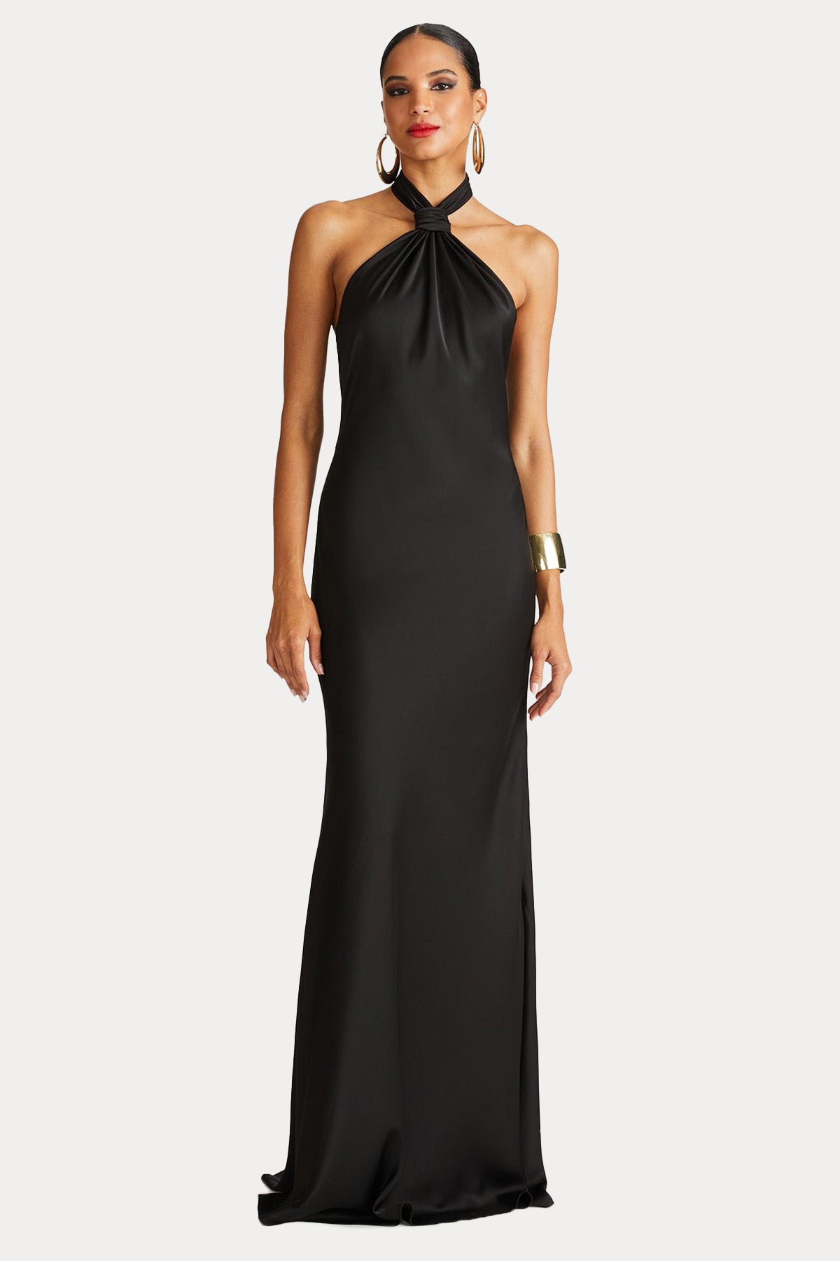 Halston Boyundan Düğmeli Maxi Abiye Elbise