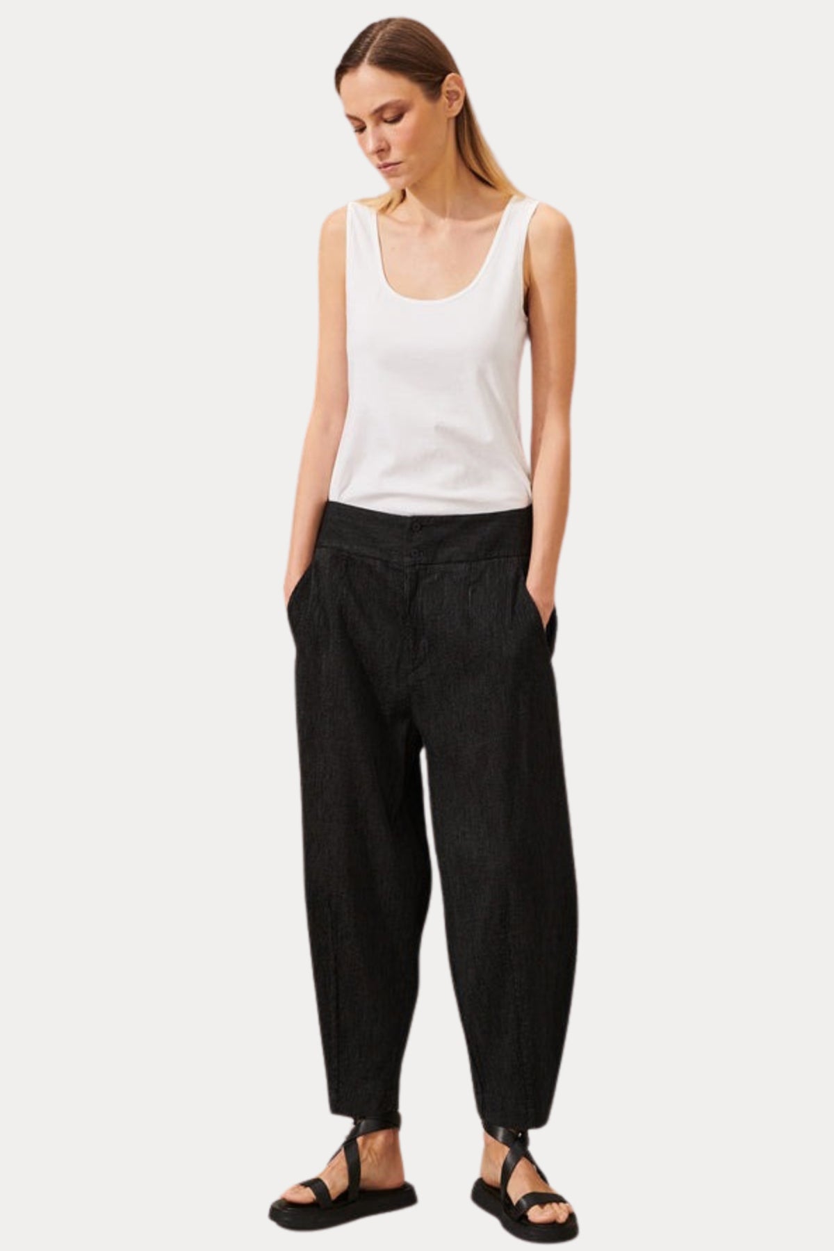 Transit Yandan Cepli Keten Crop Pantolon