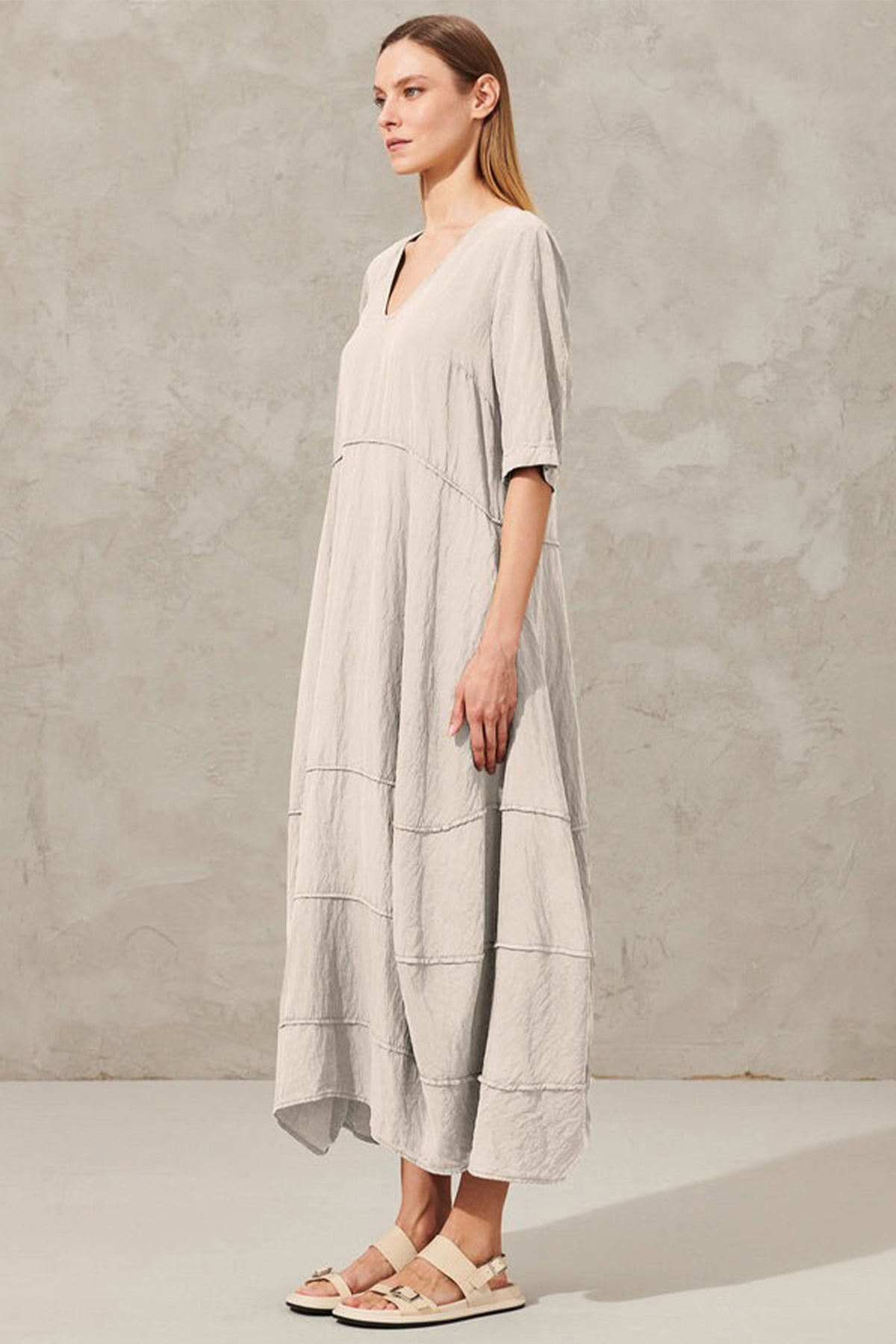 Transit V Yaka İpek Midi Elbise