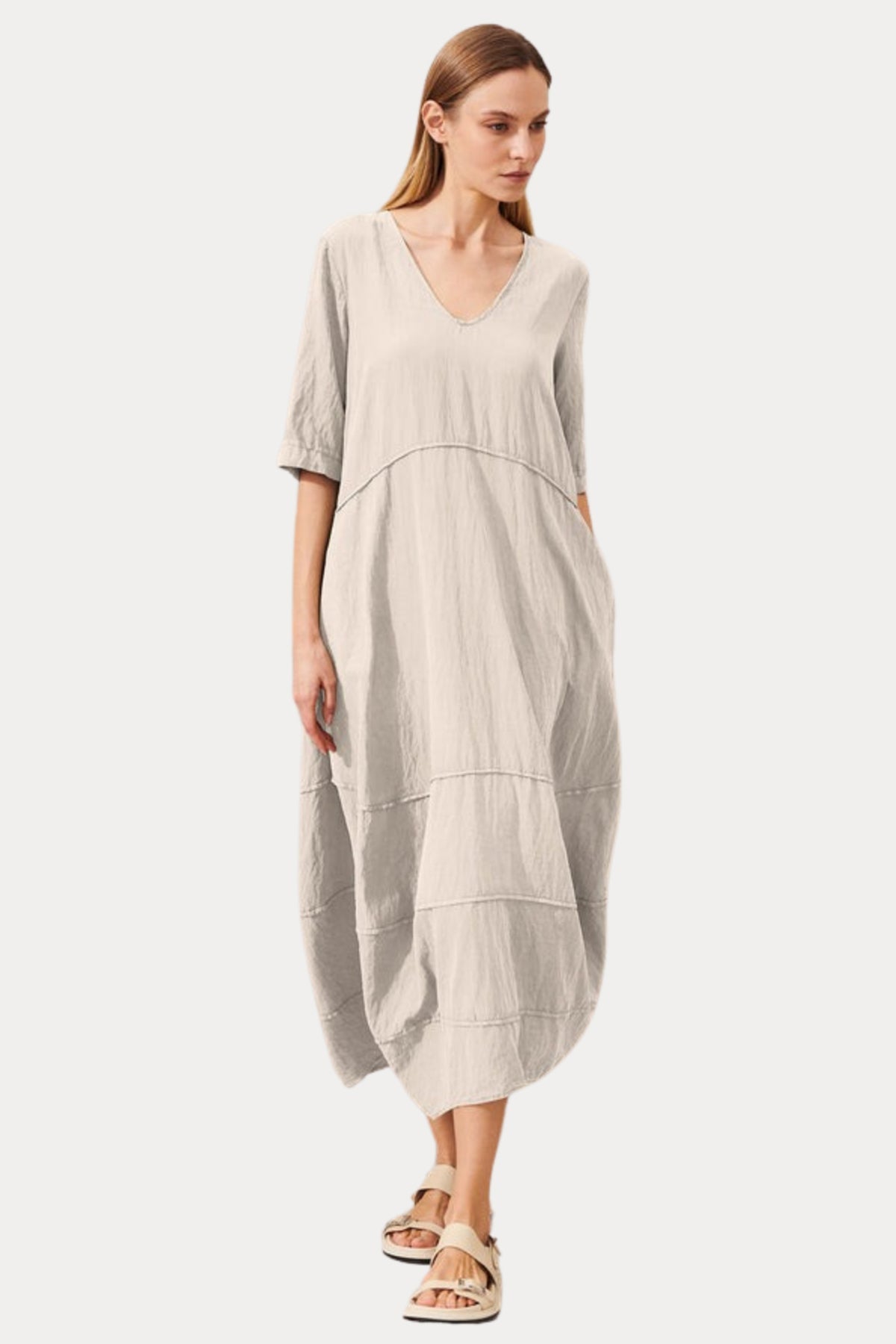 Transit V Yaka İpek Midi Elbise