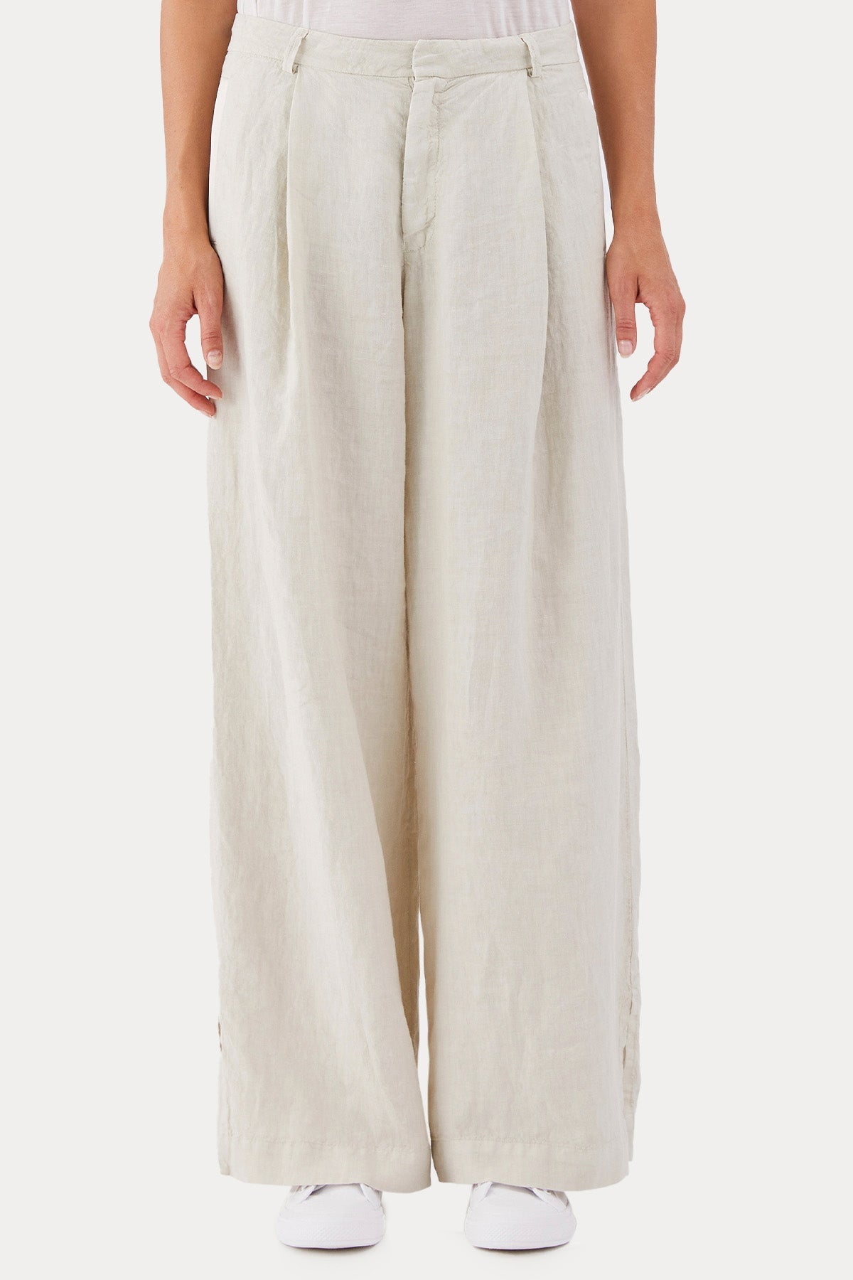 Transit Tek Pileli Geniş Kesim Keten Pantolon