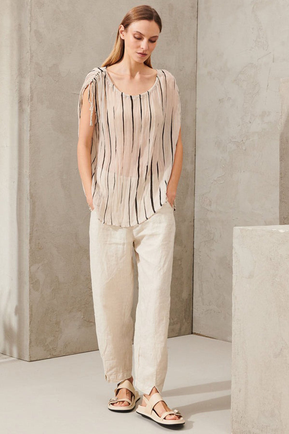 Transit Geniş Yuvarlak Yaka Çizgili Bluz